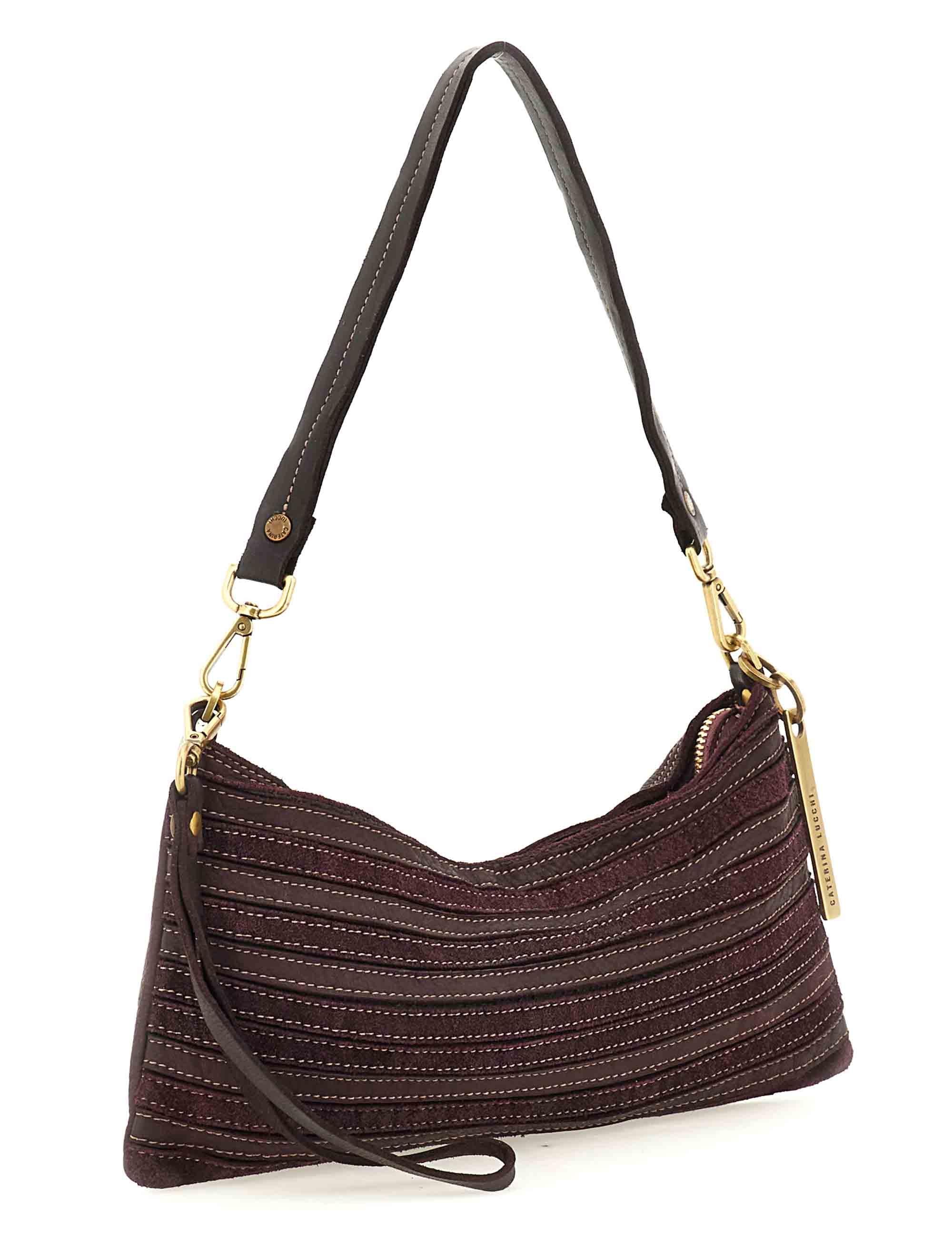 Borsa donna a spalla Nora in pelle e camoscio prugna multiriga con tracolla L012960ND X2917 C3507 Caterina Lucchi 