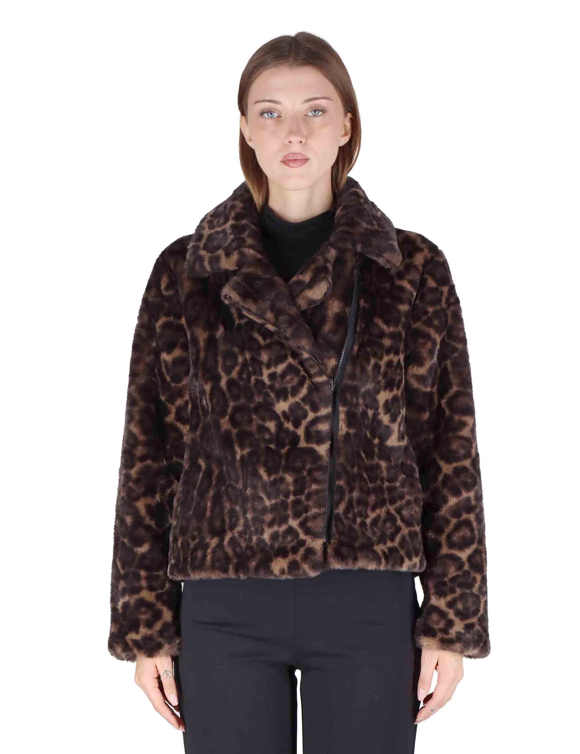 Bomber donna in eco fur animalier con zip effetto pelliccia SP25313 GREY LEOPARD Spatarella 