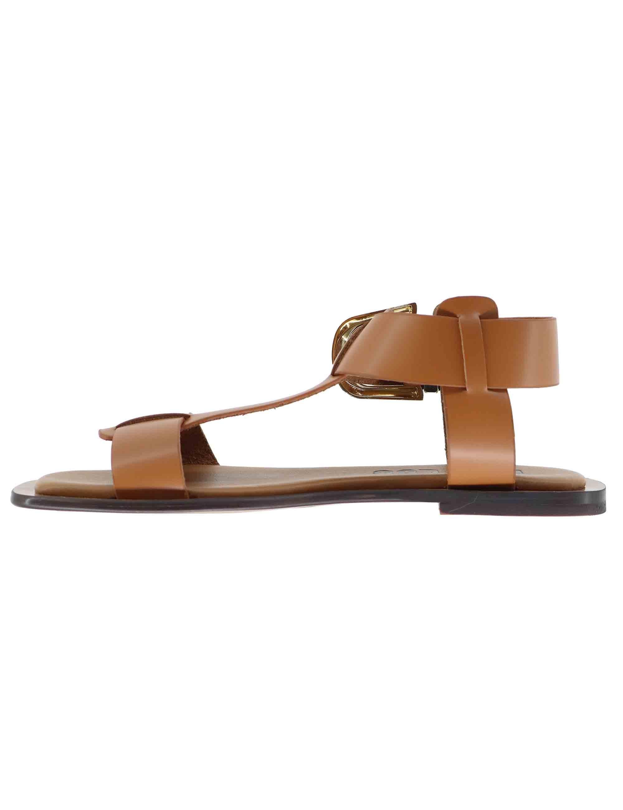 Sandali flat donna Sunny in pelle cuoio con fibbia oro 901Z10AA 014 Bibi Lou 