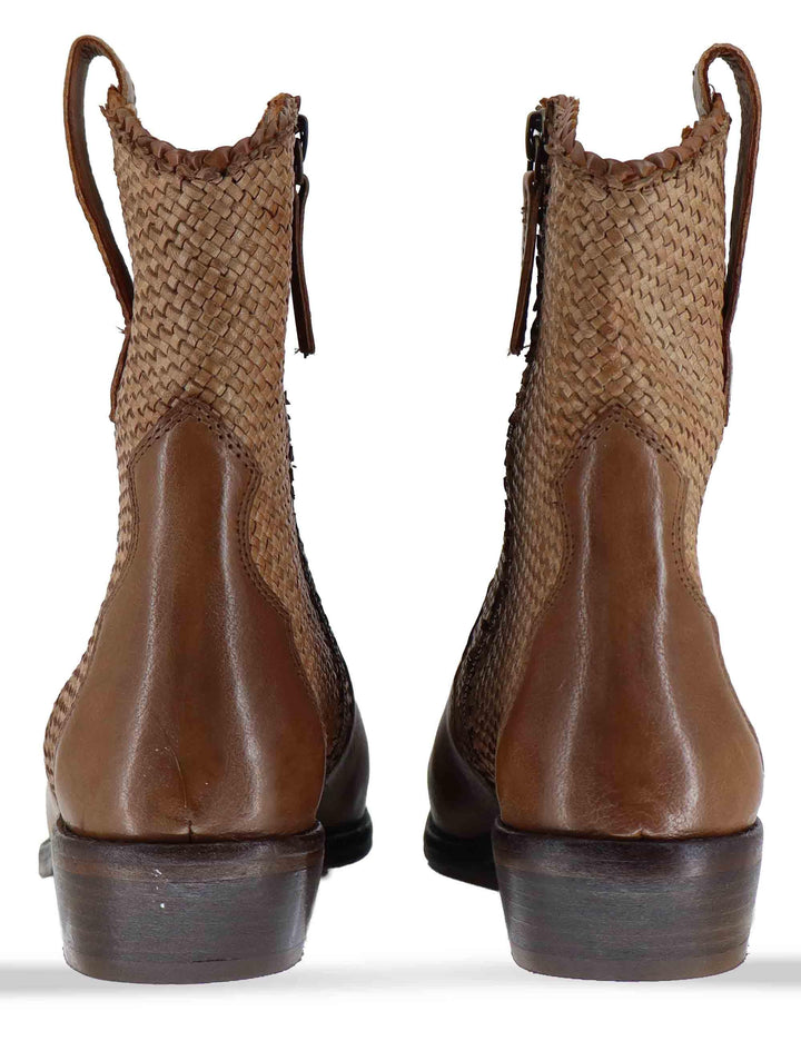 Stivaletti donna in pelle intrecciata cuoio con tacco basso 261-304-14 MOCHA Zolfo 