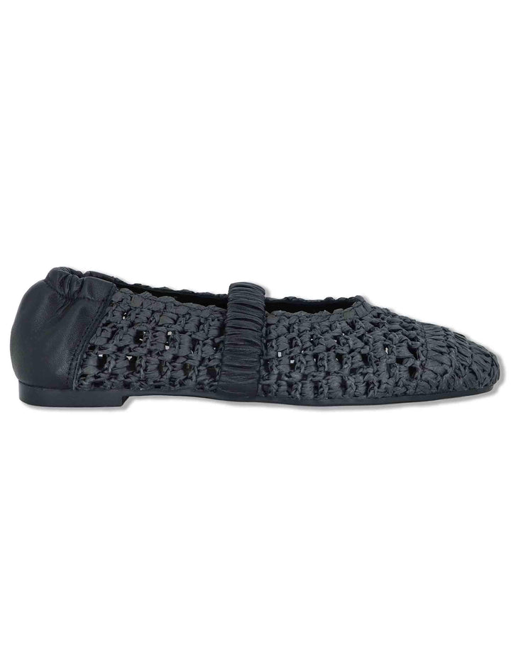 Ballerine donna in rafia nera intrecciata con elastico in pelle e tacco basso SP251400 001 Spatarella 