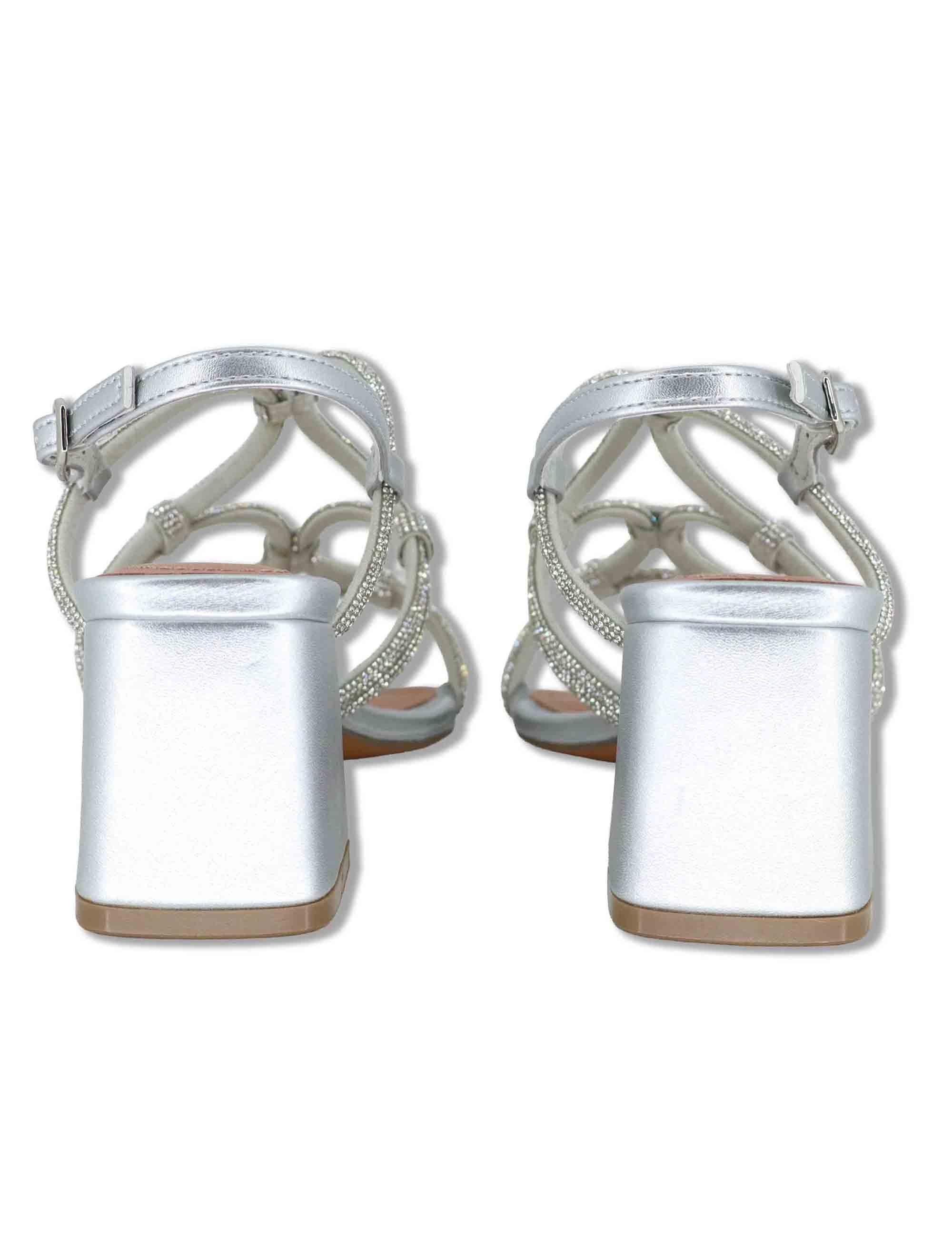 Sandali donna in pelle argento con strass e tacco medio Quail 958Z00HG 01-PLATA Bibi Lou 