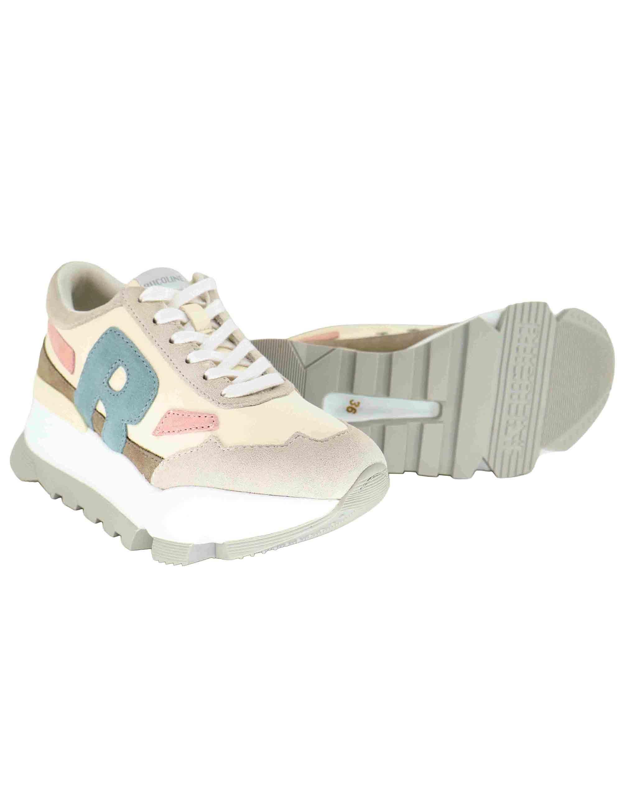 Sneakers donna in pelle e tessuto beige con zeppa alta in gomma 0304-84567 3 Ruco Line 