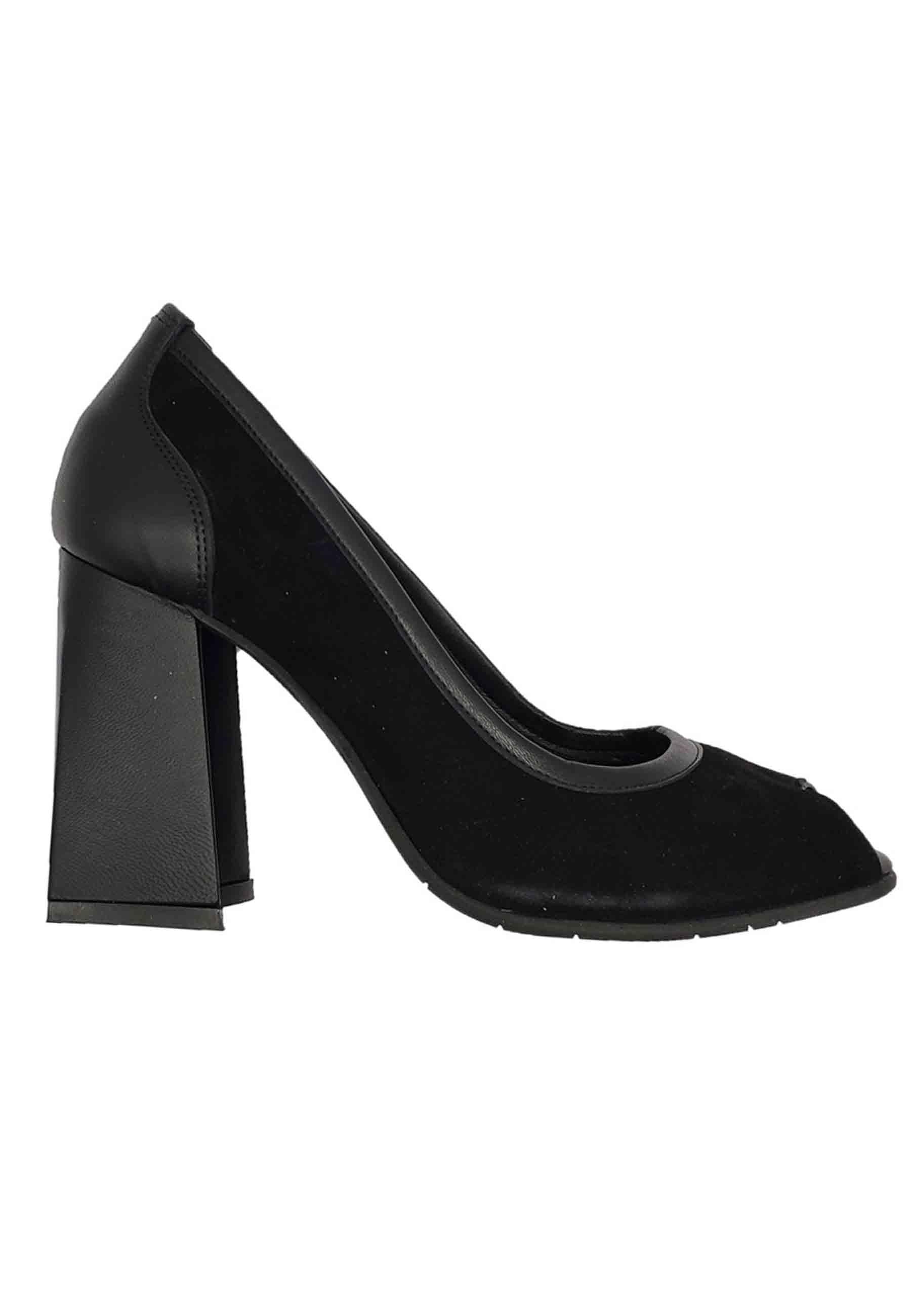 Calzature Donna Décolleté Open Toe In Camoscio e Pelle Nera Tacco Alto F2808 NERO Spatarella 