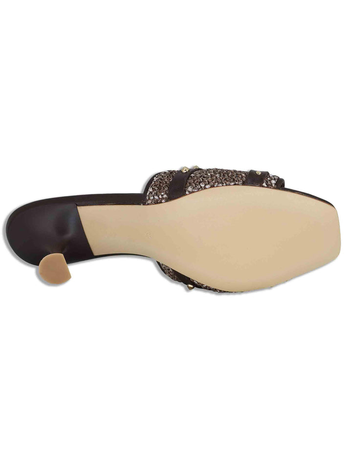 Sandali donna in pelle e rafia testa di moro con borchie oro e tacco alto SP261402 014 Spatarella 