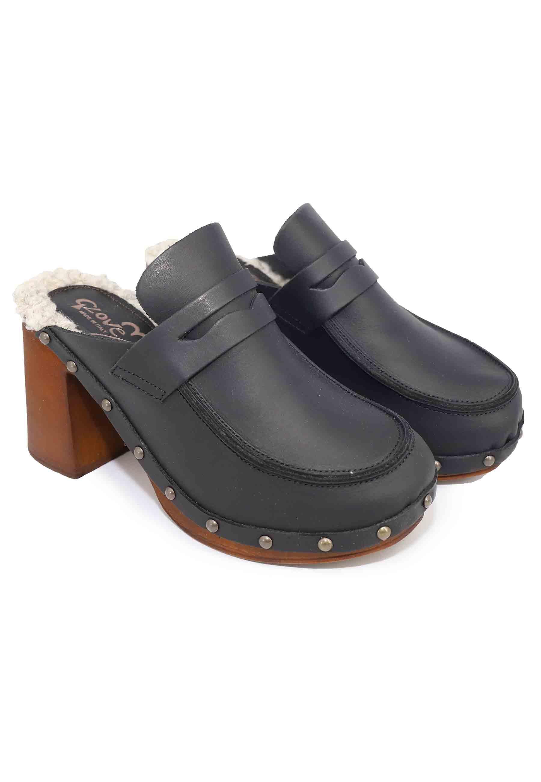 Zoccoli donna in pelle nera con sottopiede in eco fur e tacco alto 8852 001 Glove 