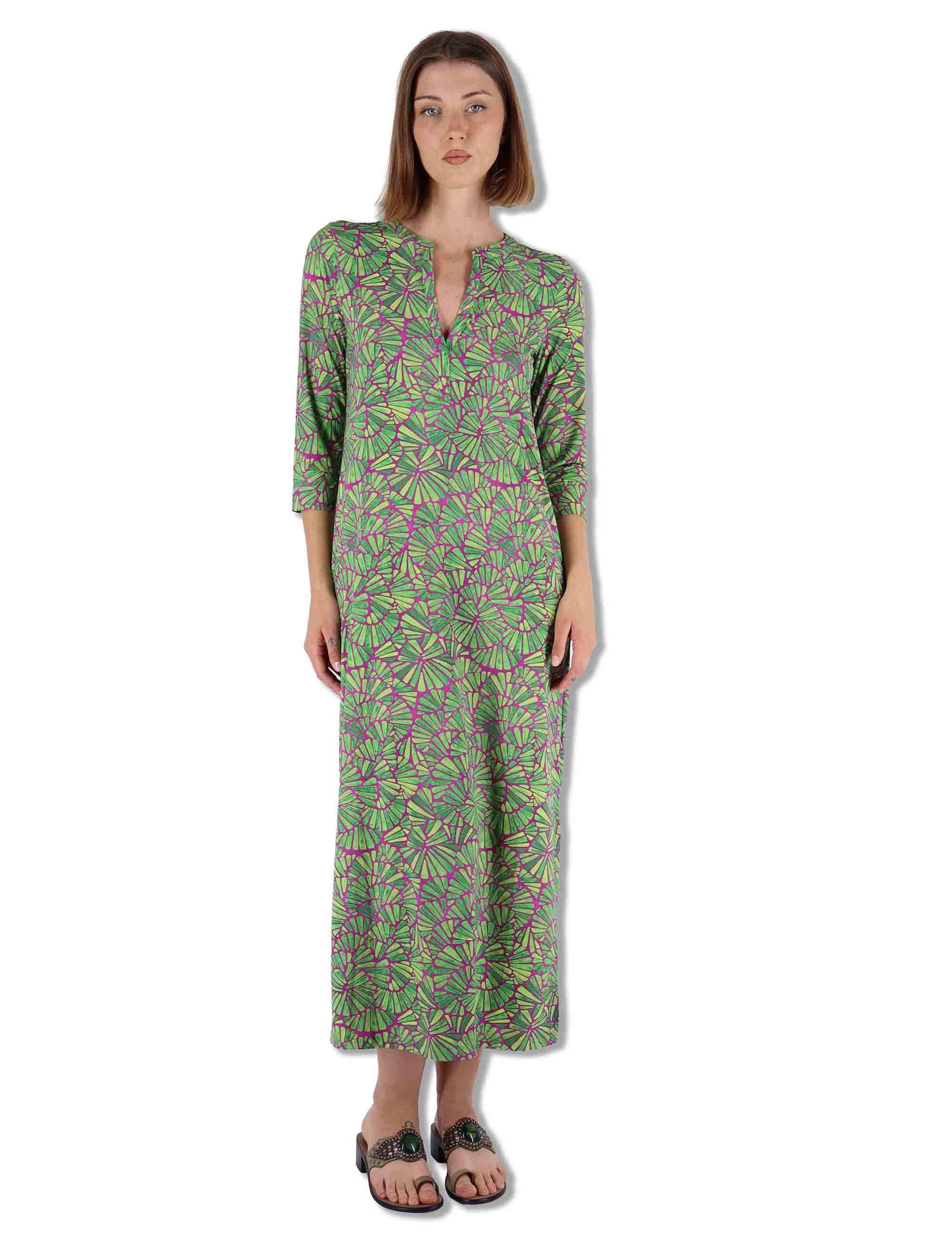 Abiti lunghi donna Shell in tessuto stampato verde con maniche a 3/4 JF667370672 A5032 Maliparmi 