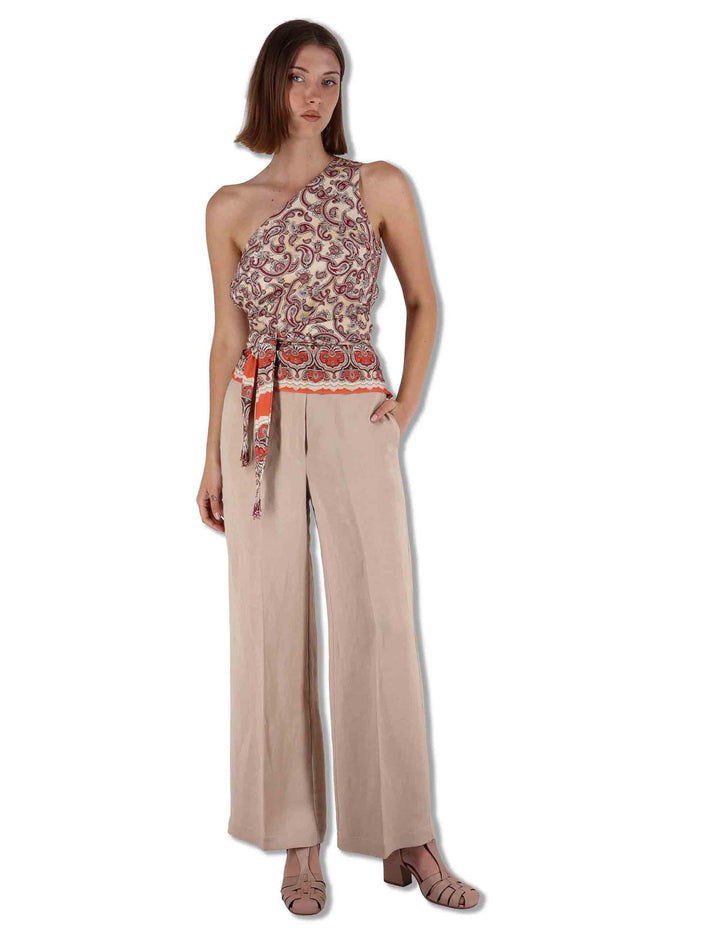 Top donna monospalla Sunset Paisley in viscosa stampata beige con frange JP555550662 B1294 Maliparmi 