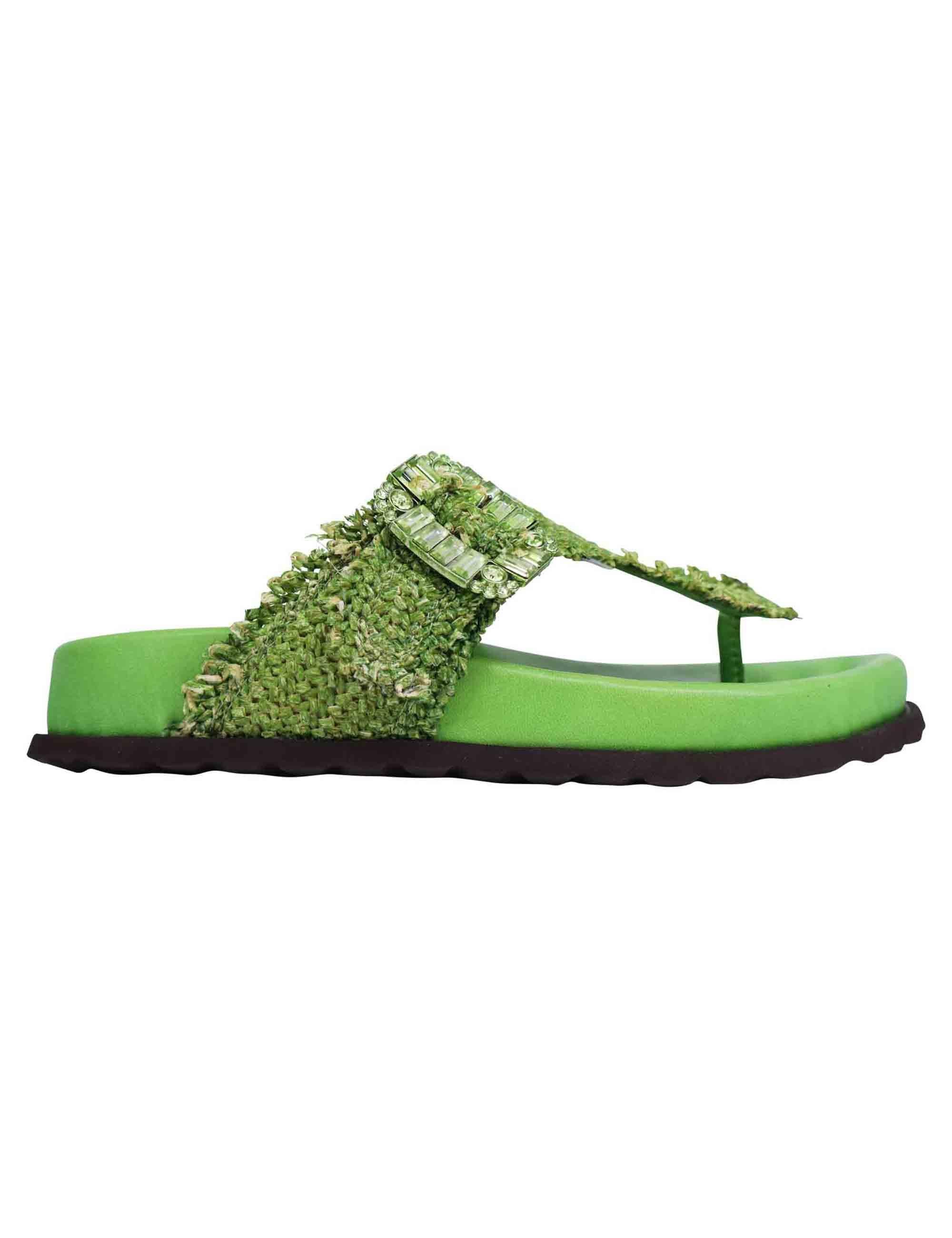Sandali Infradito Donna Niccol 08 005: Rafia e Pelle Verde con Fussbett Alto