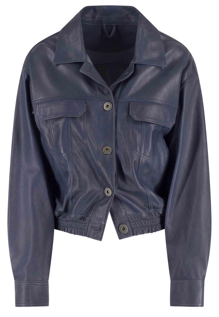 Giubbino bomber corto donna in pelle blu sfoderato con elastico al fondo 2253 002 Spatarella 