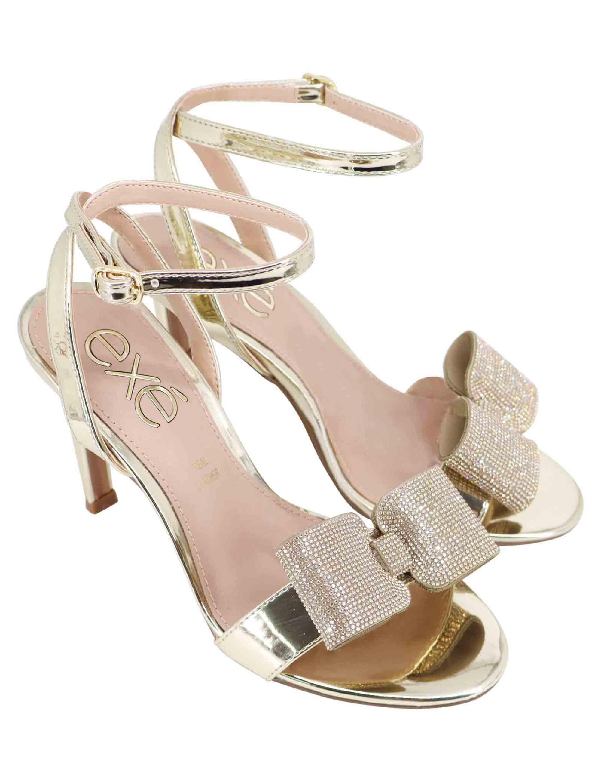 Sandali donna in eco pelle laminata oro con tacco alto e strass S4700803525H 380 Exe 