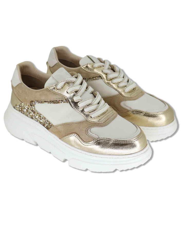 Sneakers donna in pelle platino con glitter e suola alta SP60167 022 Spatarella 