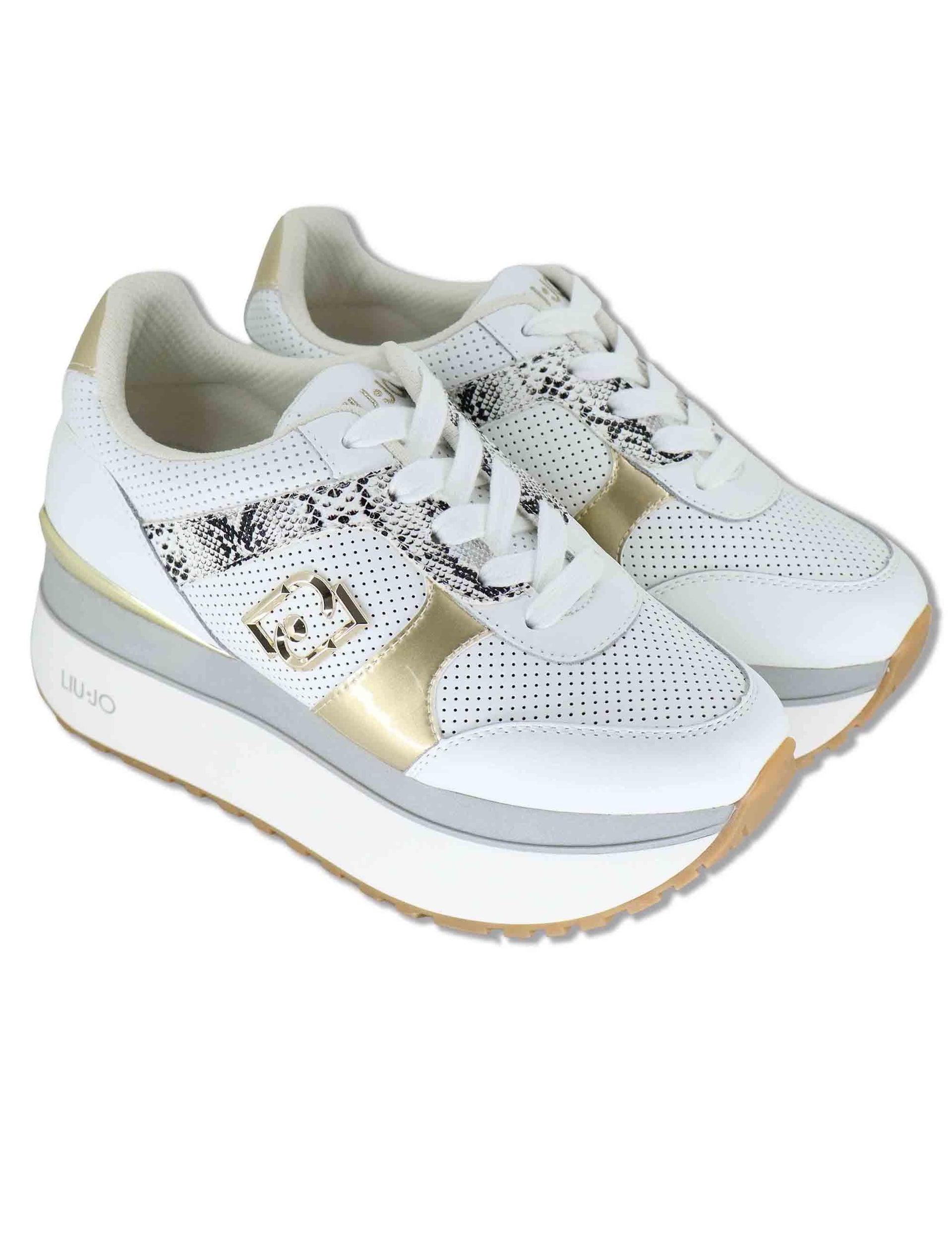 Sneakers donna in pelle bianca con riporti in contrasto  e suola alta 5cm MAXI WONDER 02 BIS GOLD Liu-Jo 