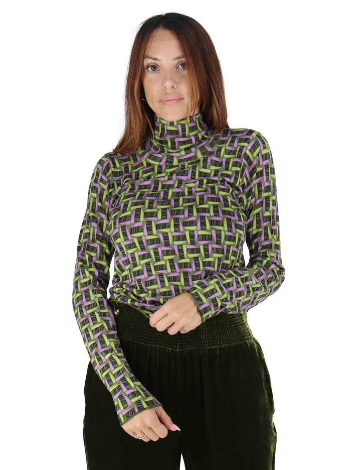 Maglioni donna Printed Knit in lana stampata verde con collo alto JQ510478200 D6072 Maliparmi 