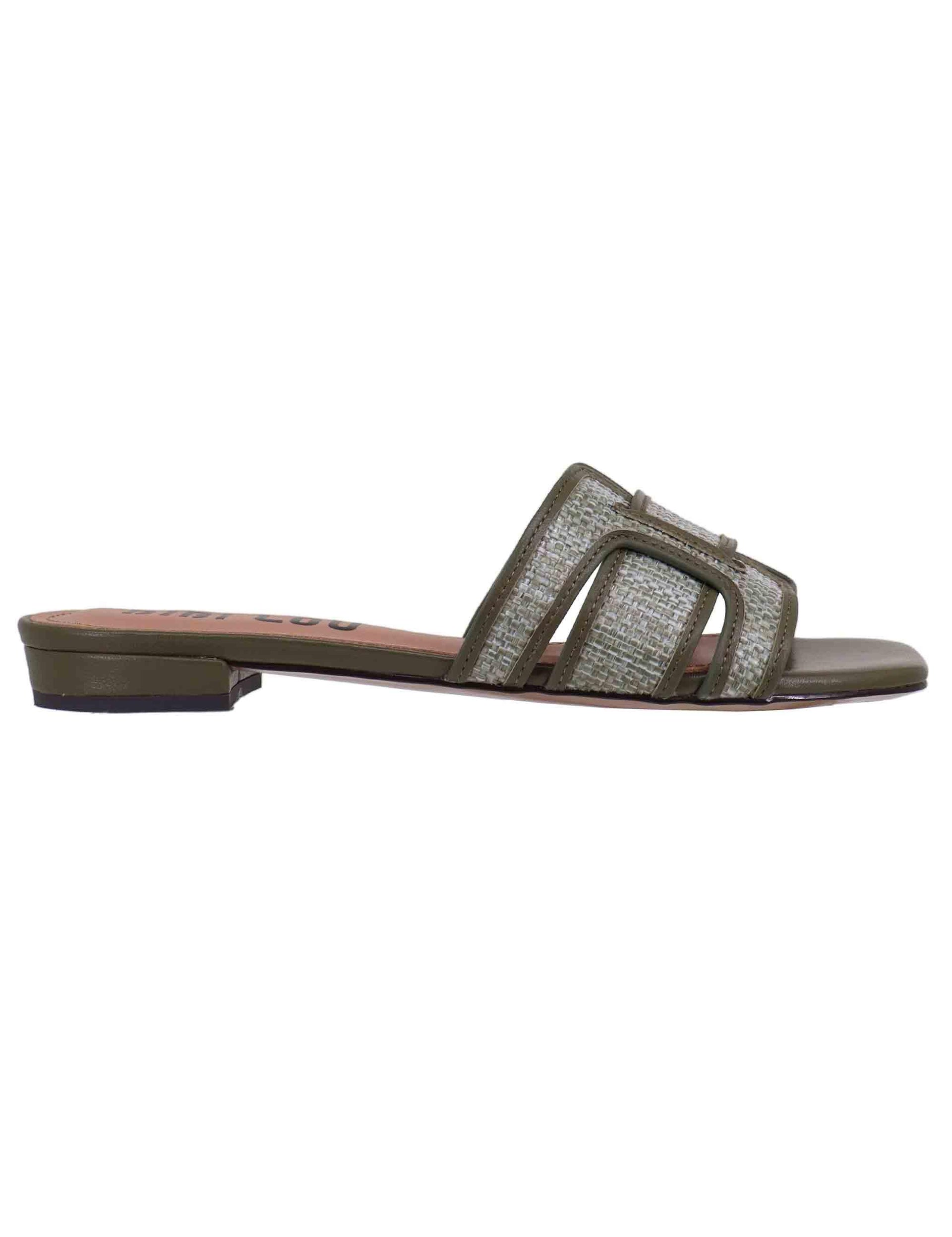 Sandali flat donna Holly in pelle e rafia verde 760Z69VK 025 Bibi Lou 
