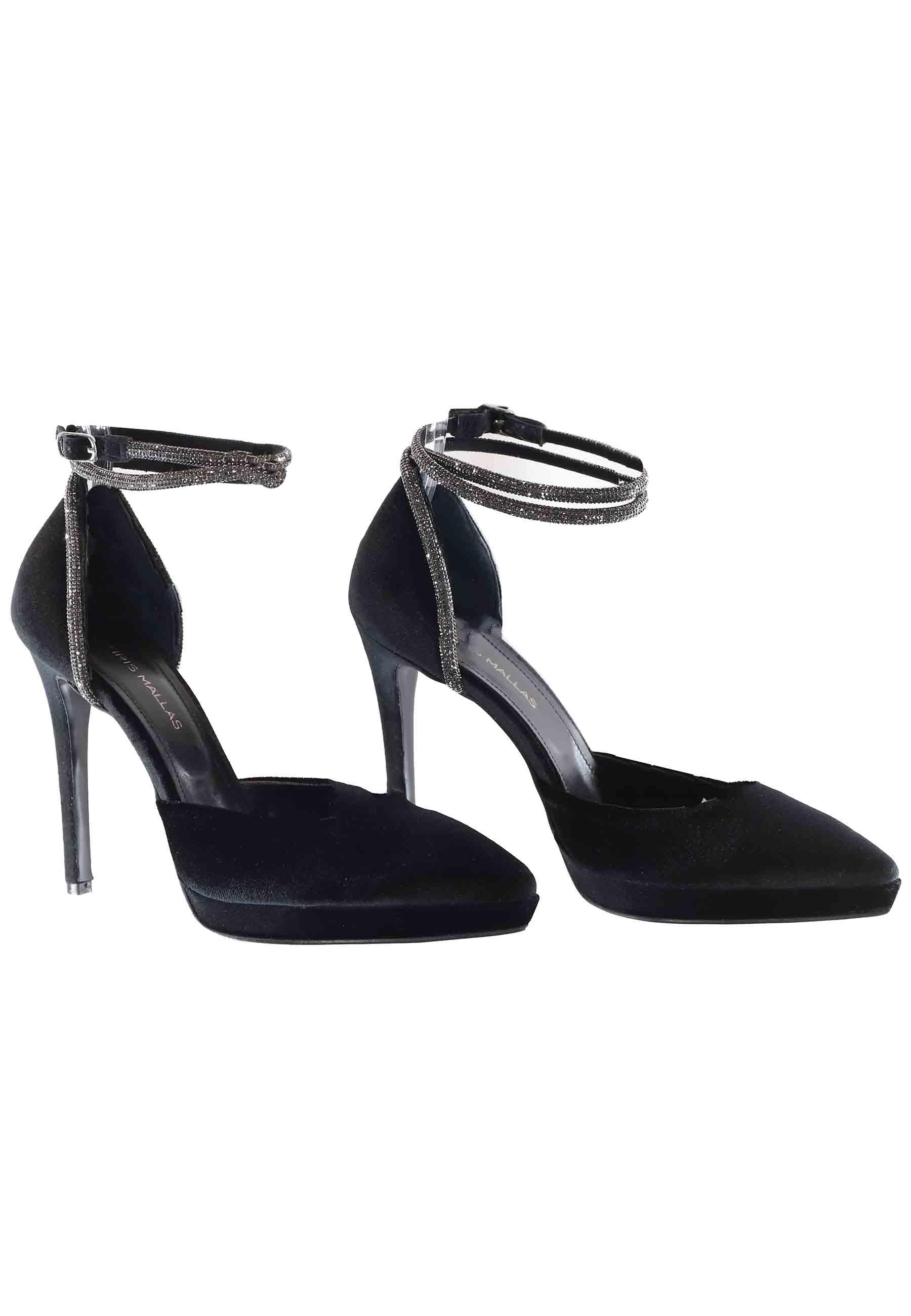 Decollete donna in velluto nero con cinturino in strass e tacco alto 949 001 Tsakiris Mallas 