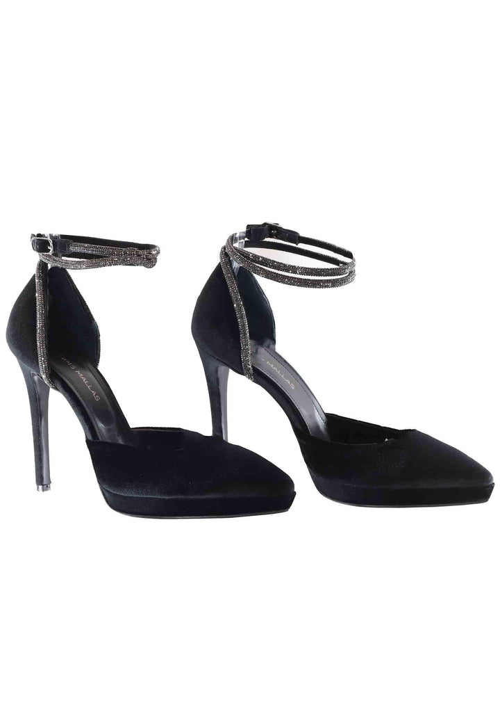 Decollete donna in velluto nero con cinturino in strass e tacco alto 949 001 Tsakiris Mallas 