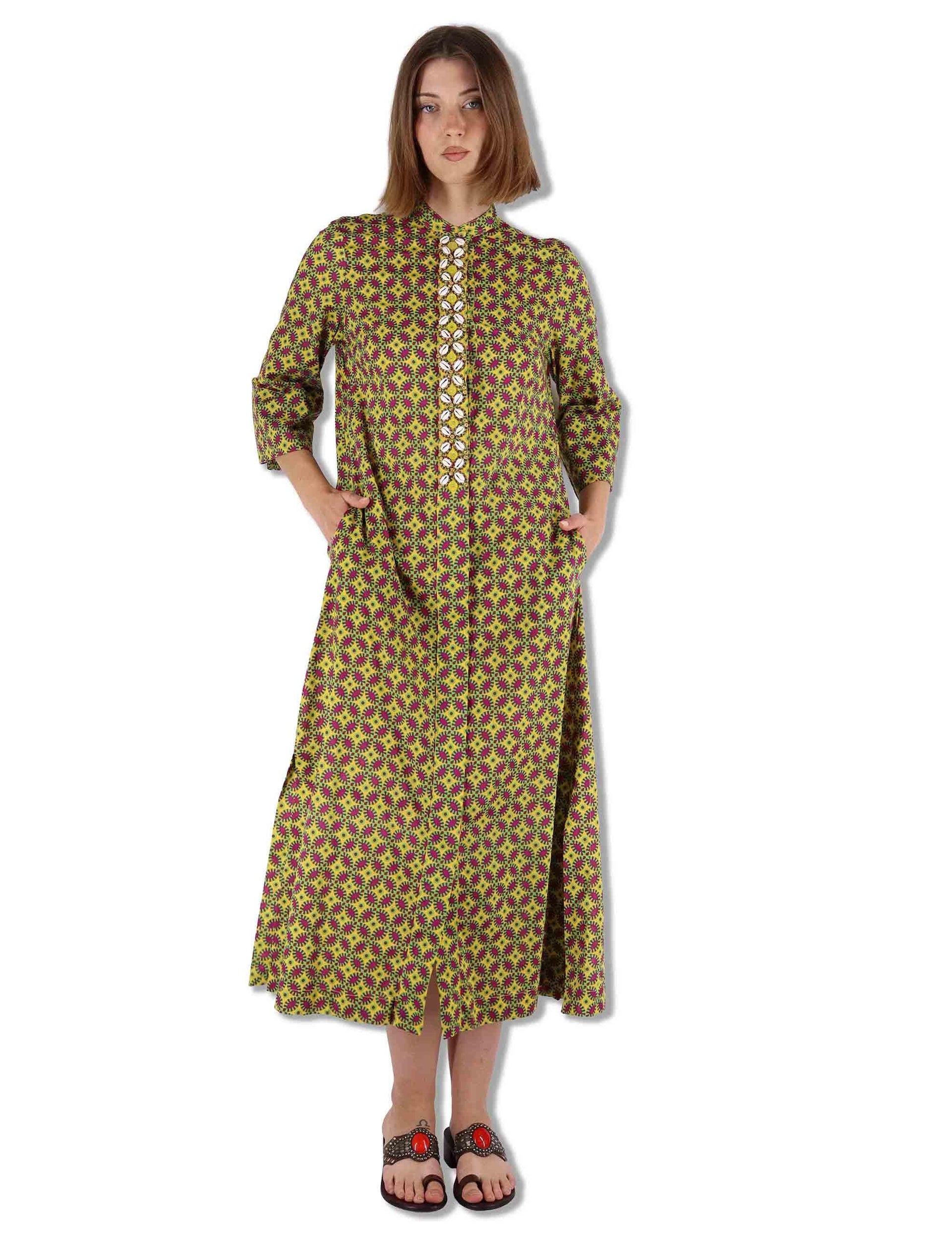 Abiti lunghi donna Floral Spin in cotone verde fantasia e maniche lunghe JF669915215 B7003 Maliparmi 