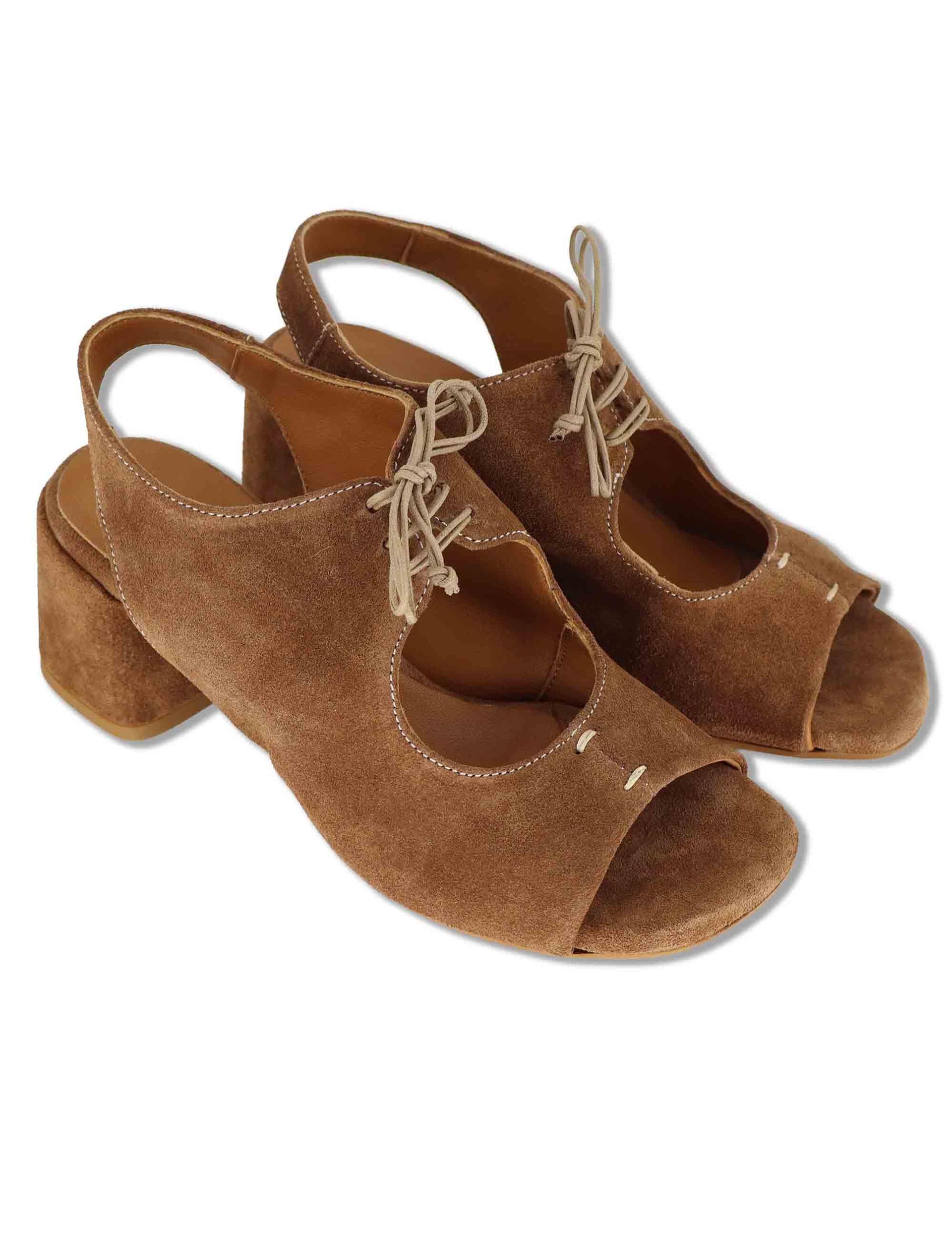 Sandali donna in camoscio cuoio con laccetti e tacco medio SP8218 014 Spatarella 