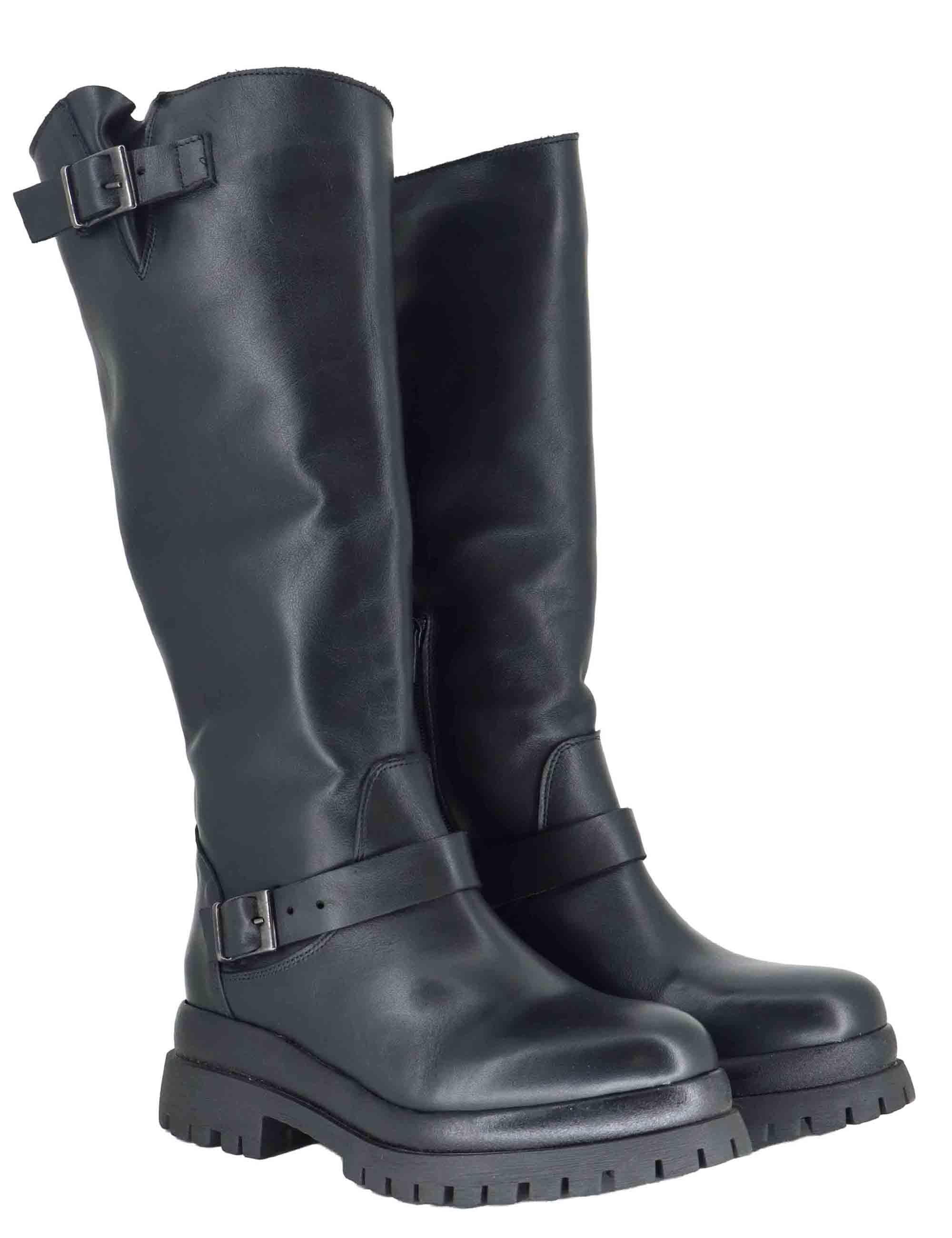 Stivali donna in pelle nera con doppi cinturini e suola carrarmato SP1000ST 001 Spatarella 