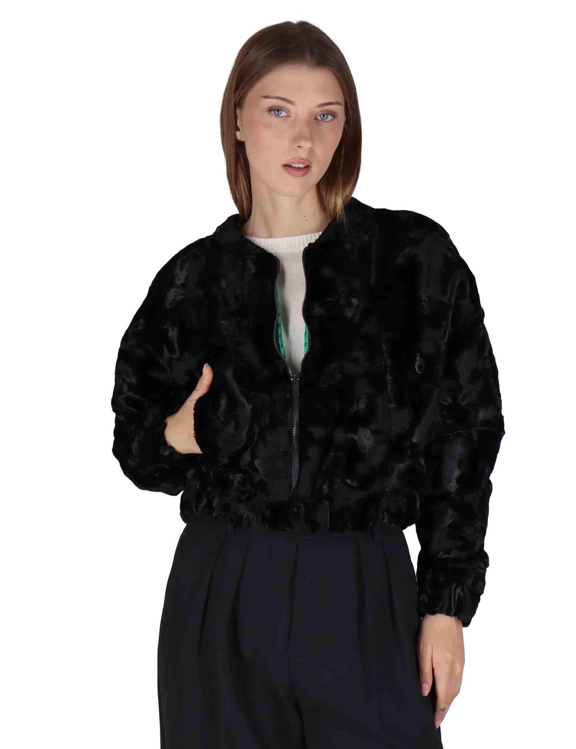 Bomber donna in velluto ciniglia nero corti con chiusura zip OABGA0025-0510 9999 Justmine 