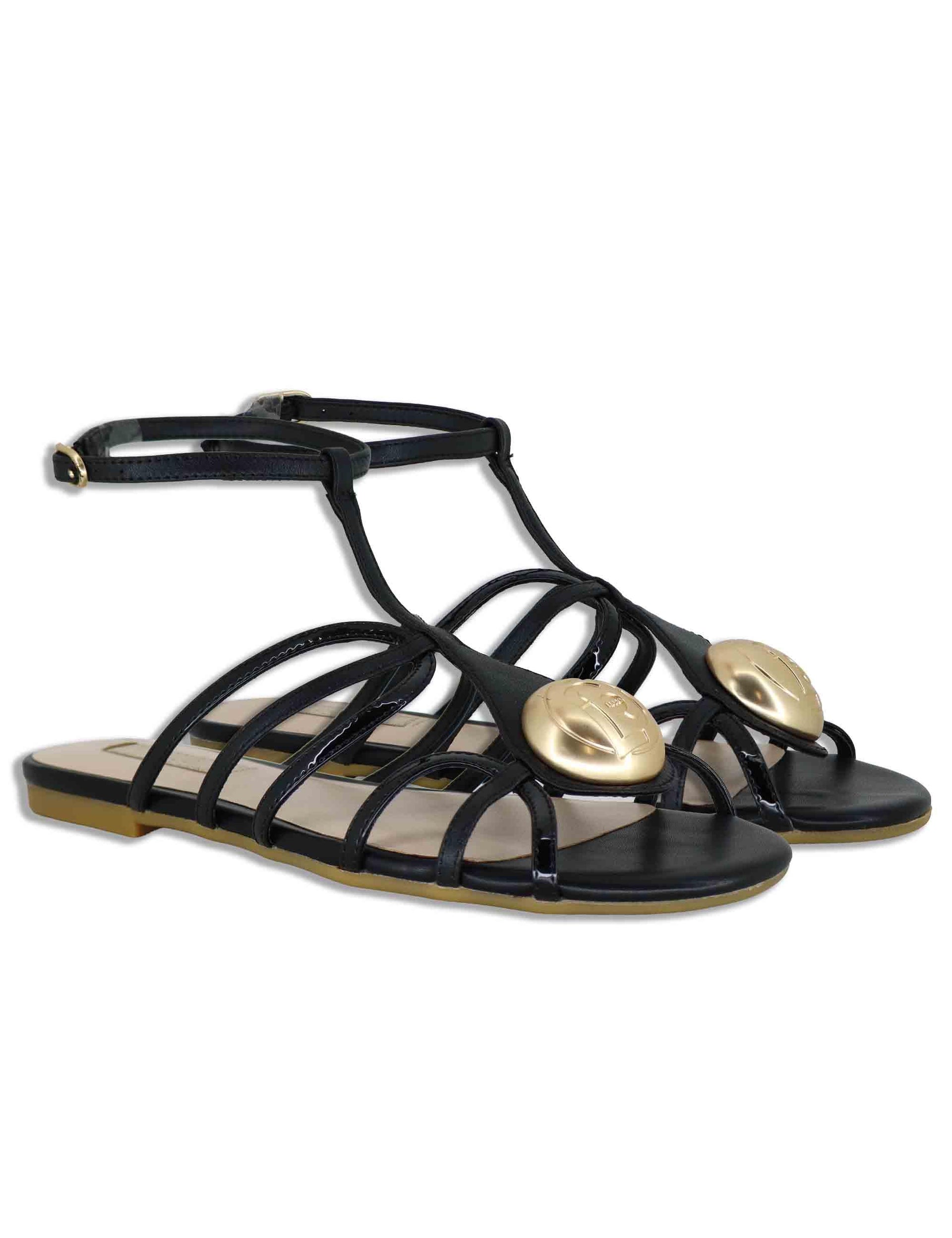 Sandali bassi donna in pelle nera con fascette e cinturino alla caviglia SANDY 02 BLACK Liu-Jo 