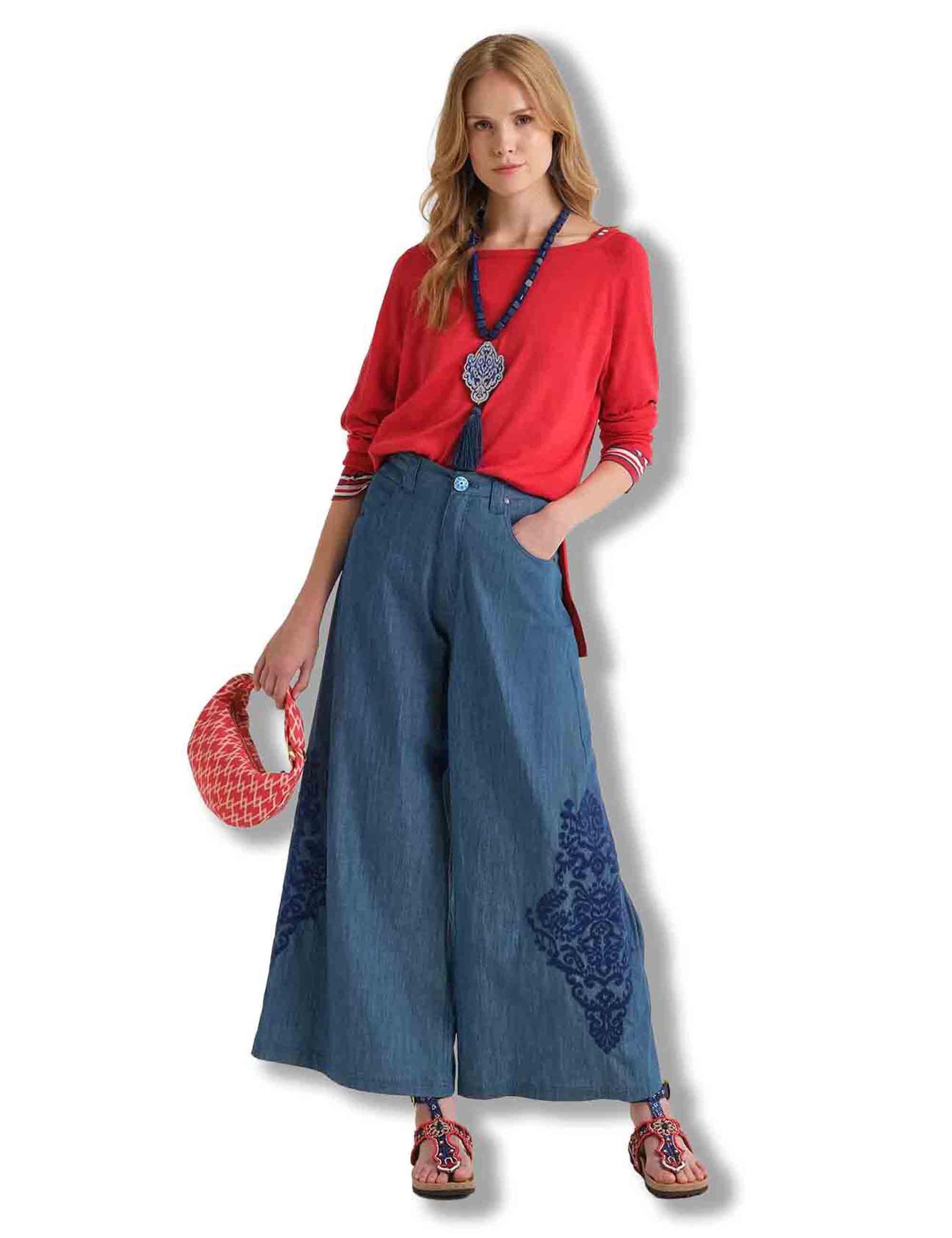 Pantaloni donna Ikat On Chambray in cotone denim blu a gamba larga JH804010210 80002 Maliparmi 