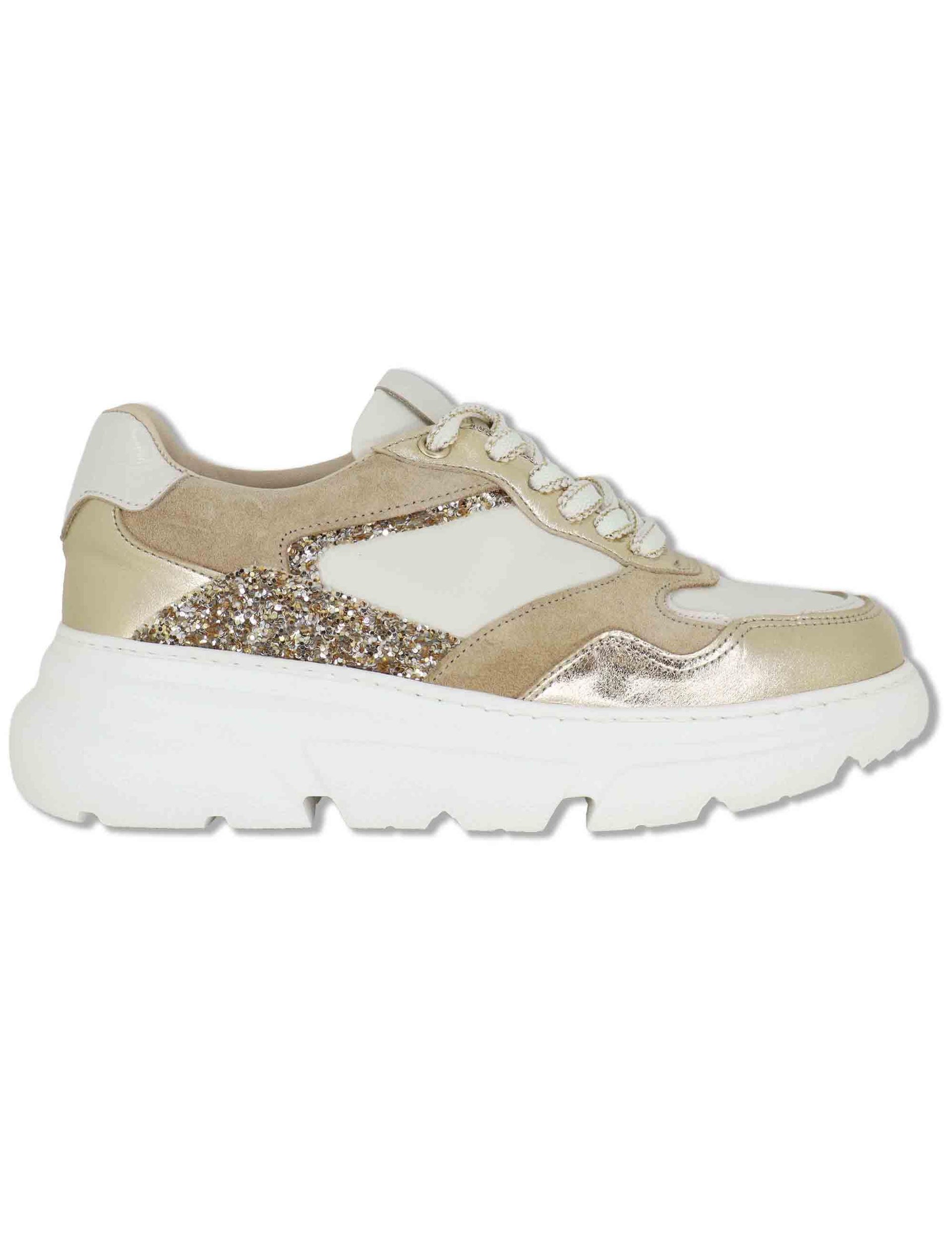 Sneakers donna in pelle platino con glitter e suola alta SP60167 022 Spatarella 