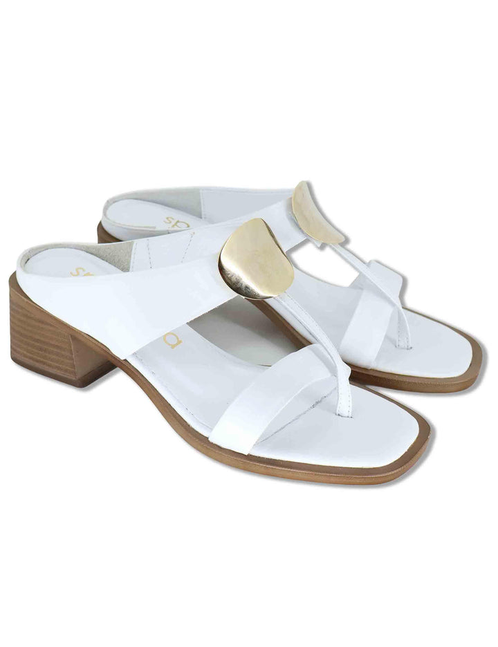 Sandali donna infradito in pelle bianca con bottone oro e tacco medio SP262060 002 Spatarella 