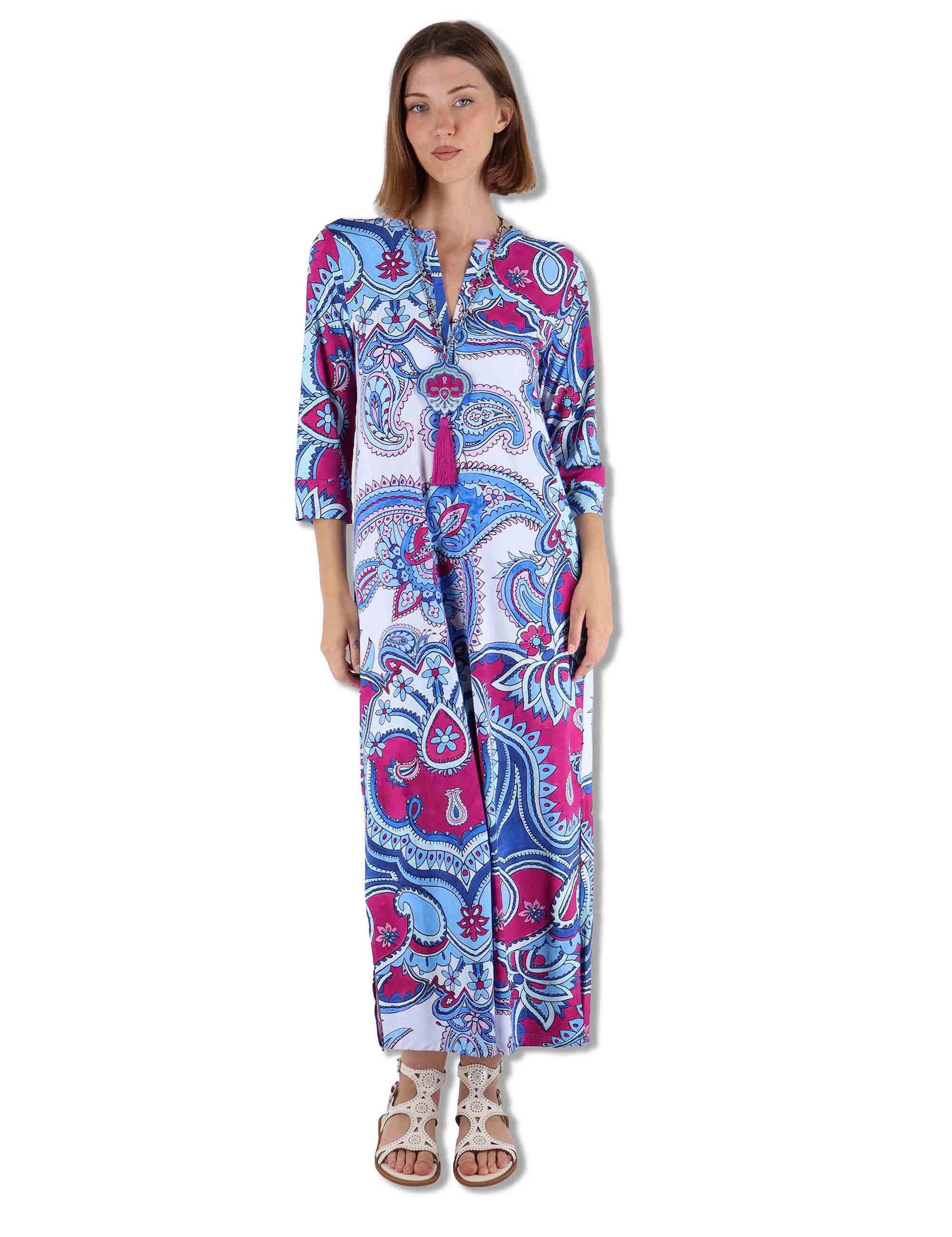 Abiti donna kaftani Hippie Lotus in tessuto azzurro a fantasia con maniche 3/4 JF667370671 A8184 Maliparmi 