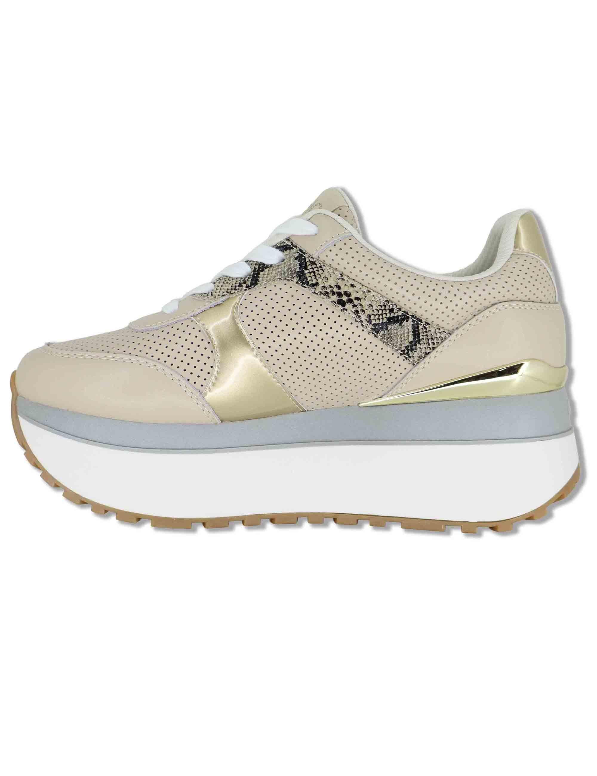 Sneakers donna in pelle beige con riporti in contrasto  e suola alta 5cm MAXI WONDER 02 BIS ROPE/LIGHT GOLD Liu-Jo 