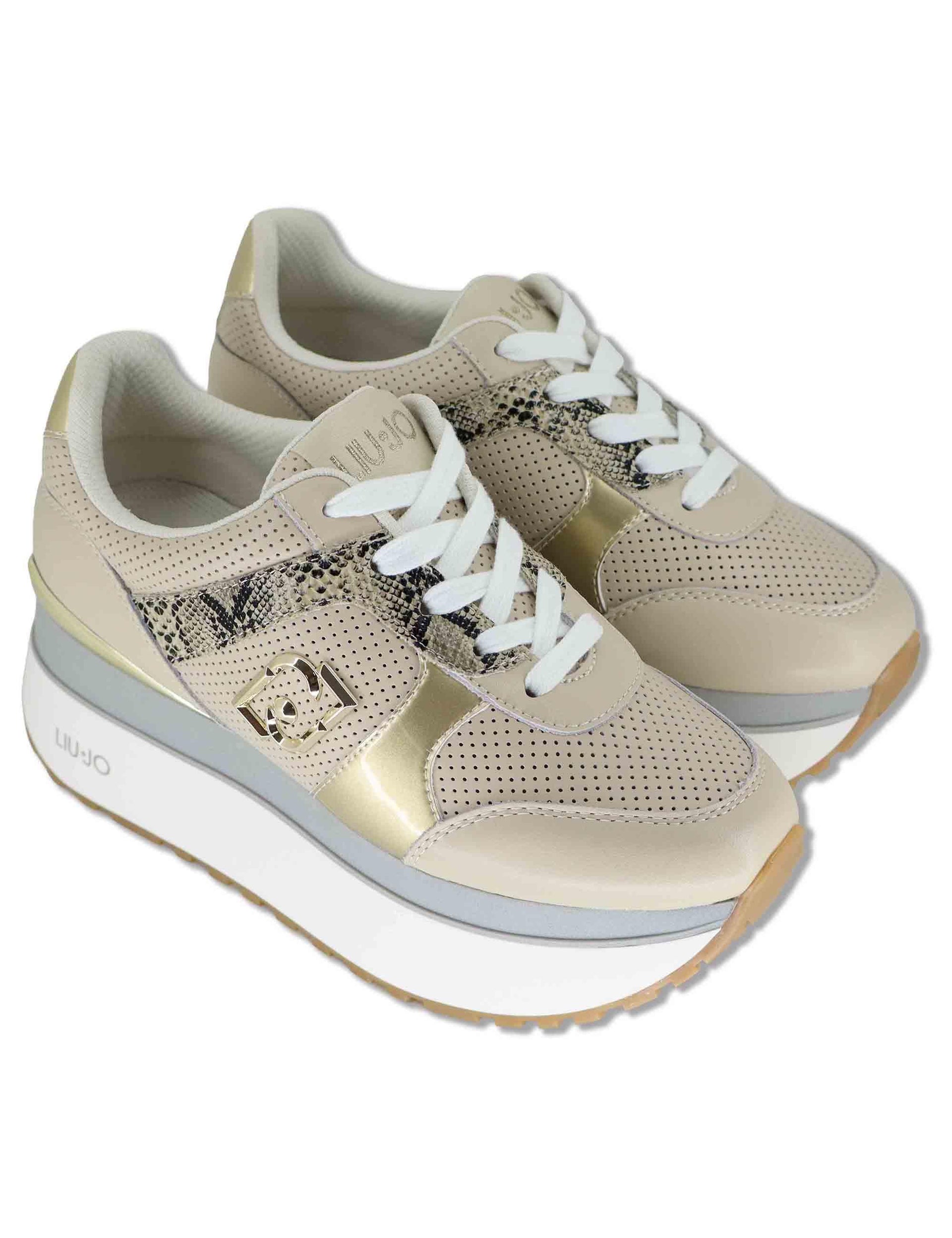 Sneakers donna in pelle beige con riporti in contrasto  e suola alta 5cm MAXI WONDER 02 BIS ROPE/LIGHT GOLD Liu-Jo 