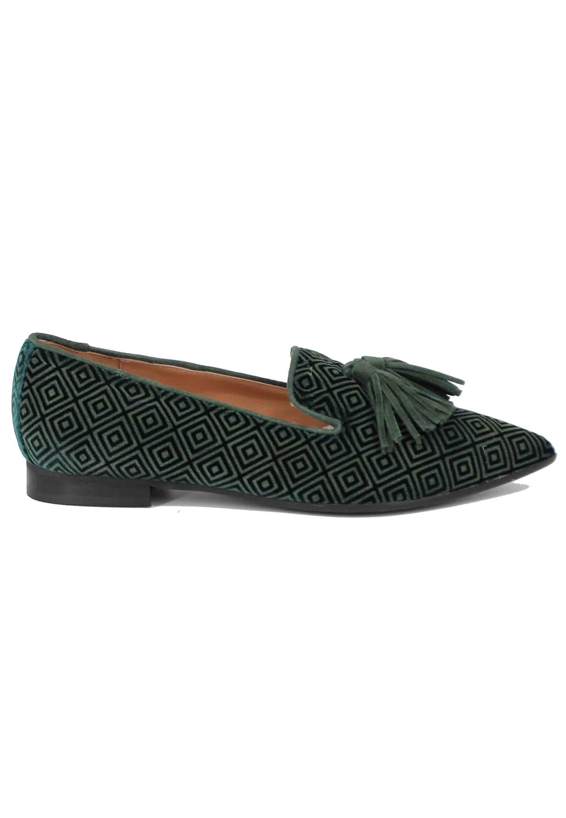 Mocassini donna in velluto jacquard verde con nappine SPY9209U 005 Spatarella 