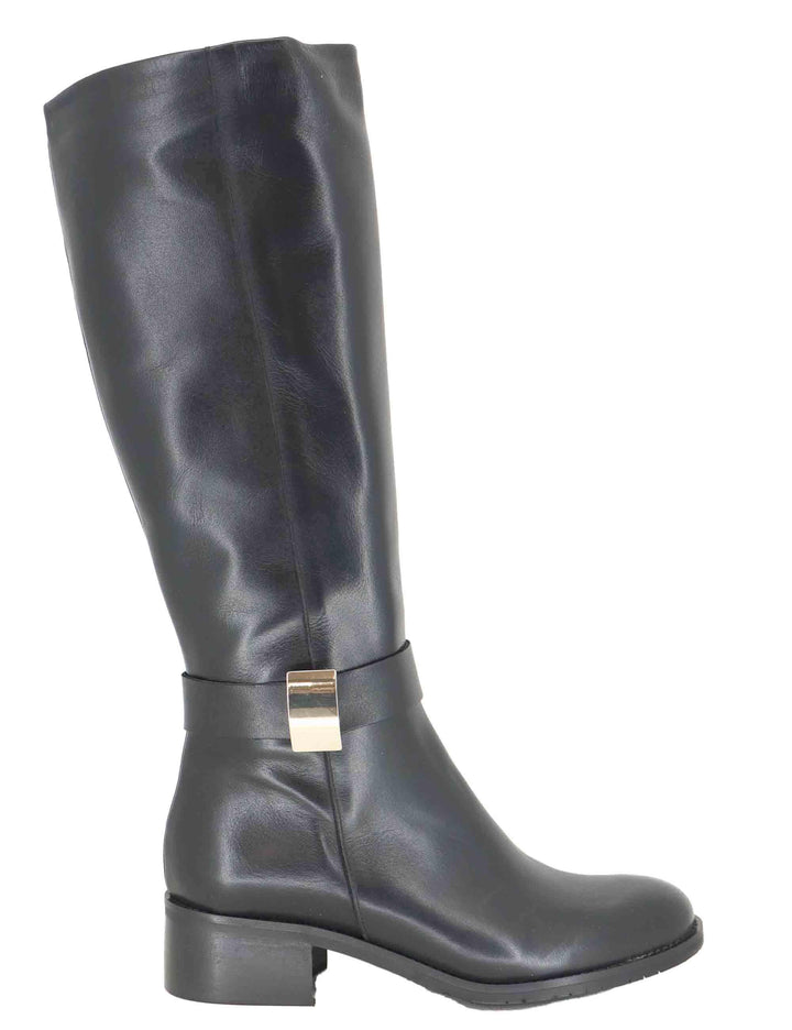 Stivali donna in pelle nera con fibbia oro laterale SPST7005 001 Spatarella 