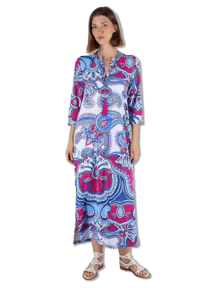 Abiti donna kaftani Hippie Lotus in tessuto azzurro a fantasia con maniche 3/4 JF667370671 A8184 Maliparmi 