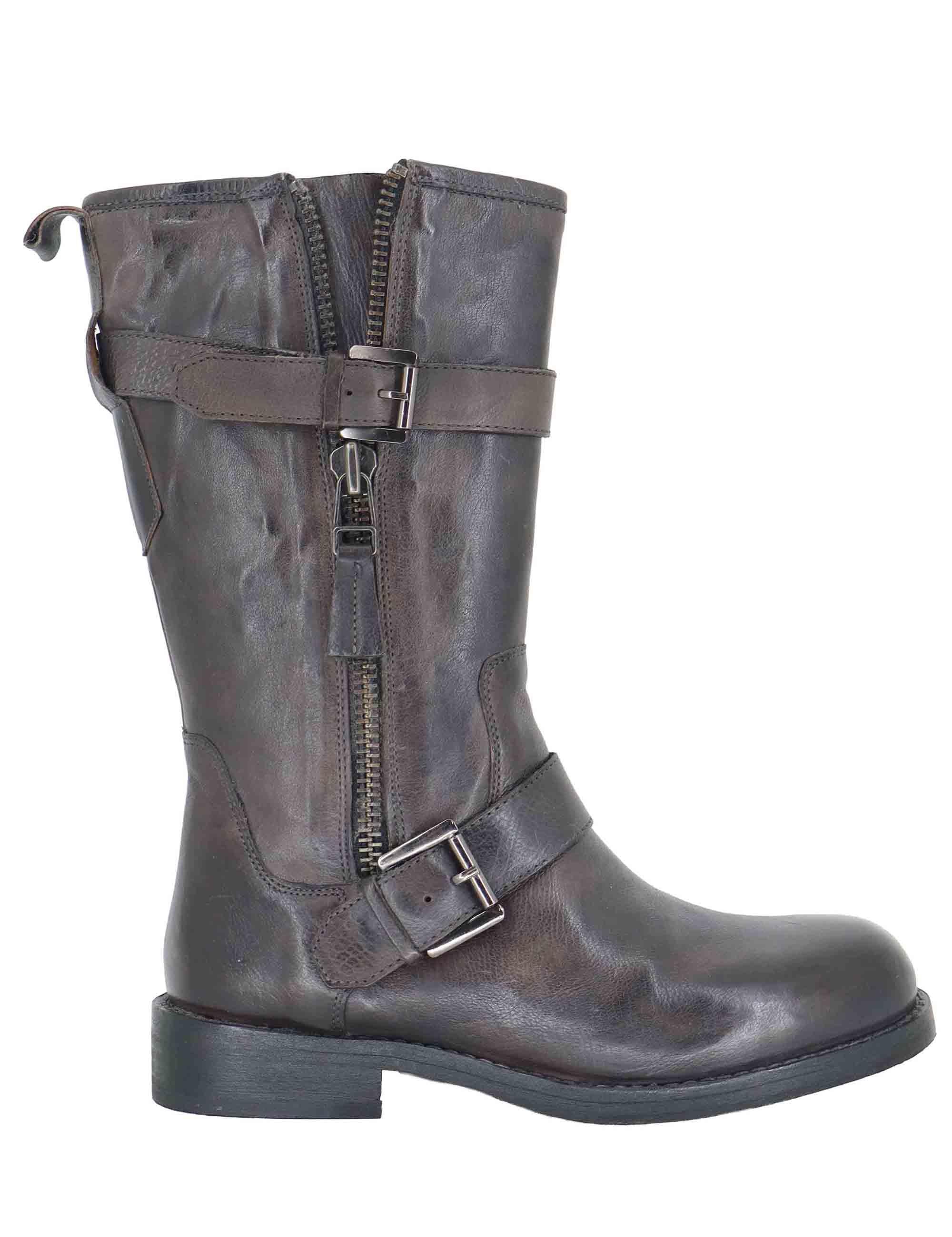Stivaletti donna in pelle marrone con tacco basso e cinturini 252-22-23 DKGRE Zolfo 