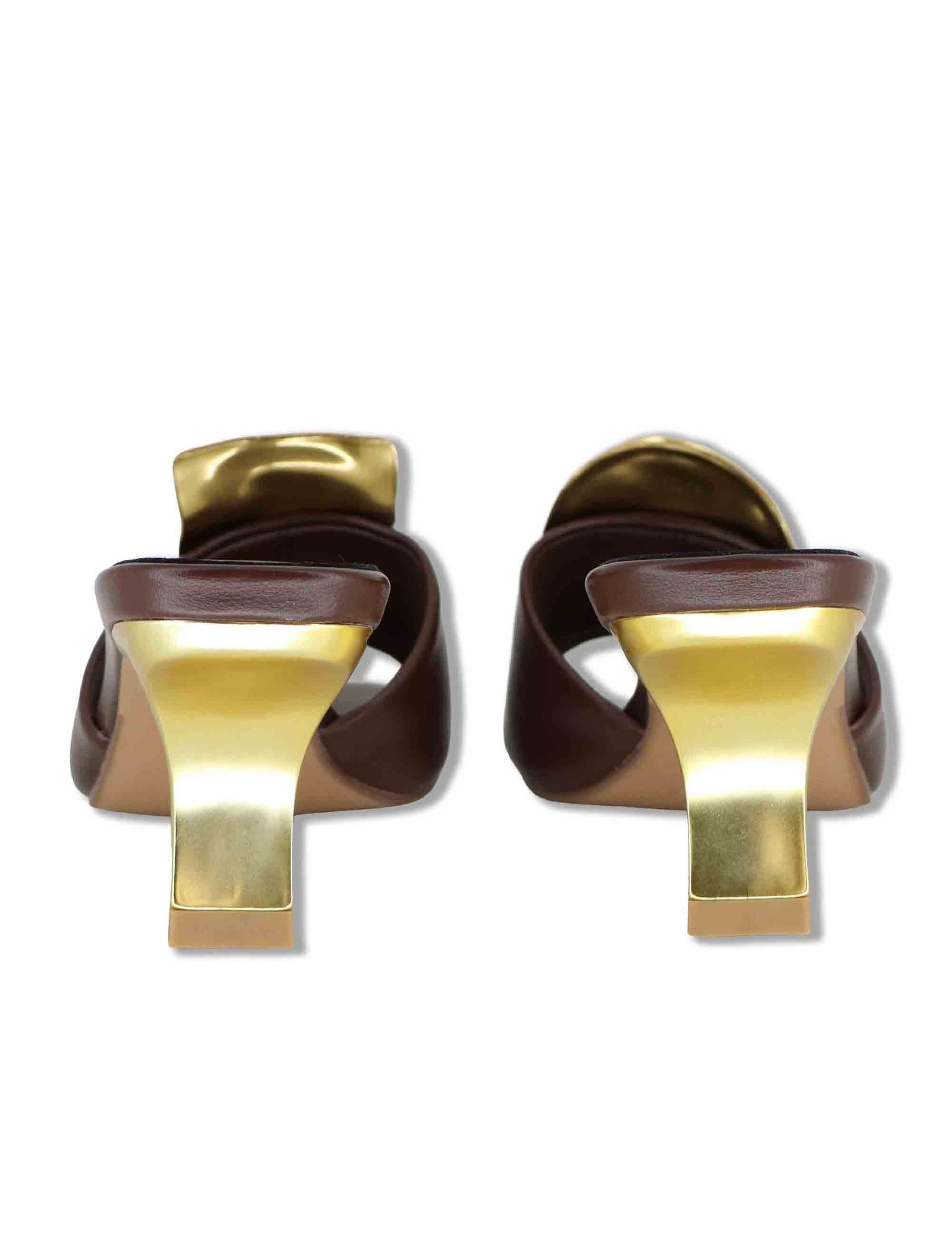 Sandali donna in pelle marrone con accessori diversi e tacco oro W4700212 4J19 Exe 