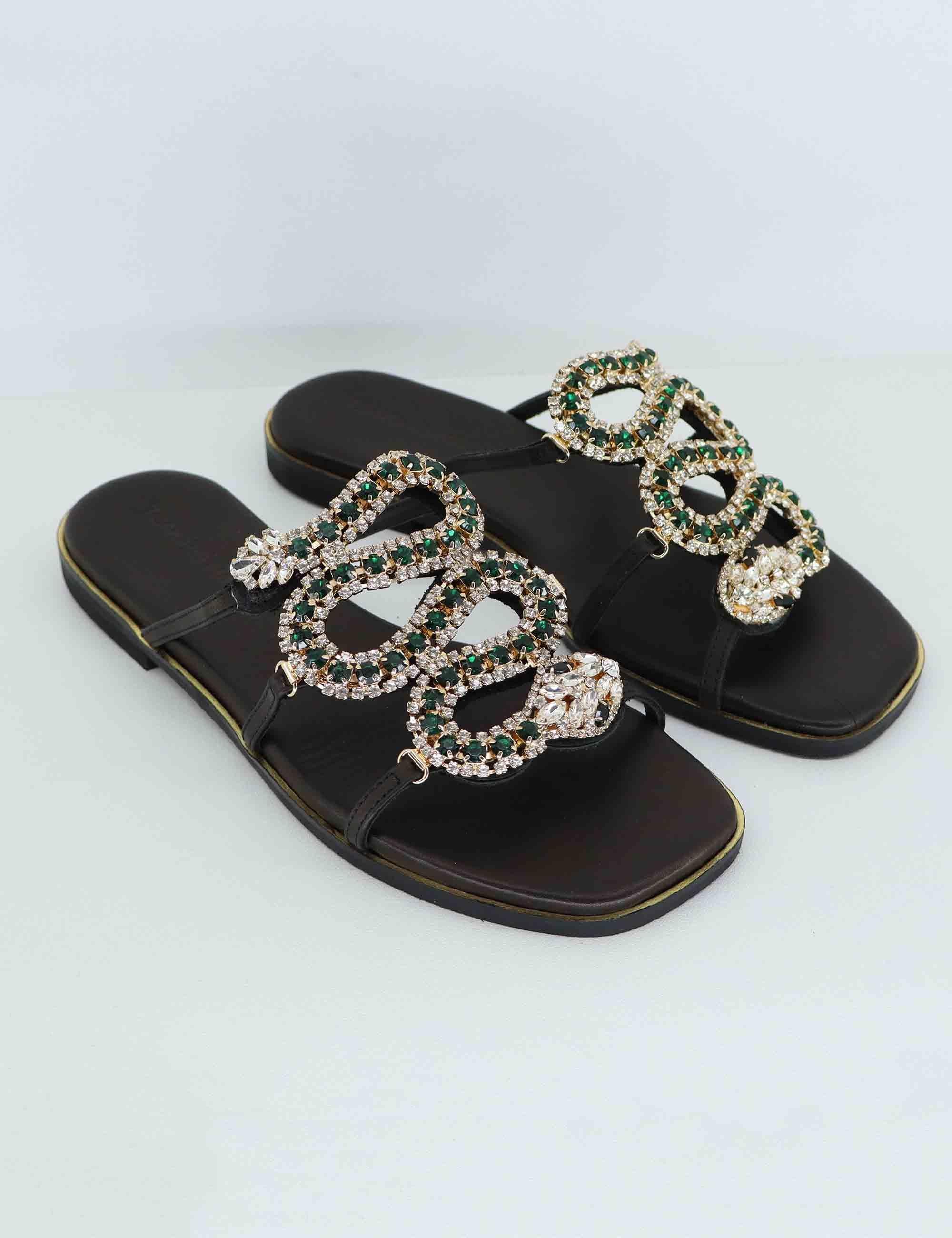 Sandali bassi donna in pelle nera con strass U41005431Z35 543 Tsakiris Mallas 