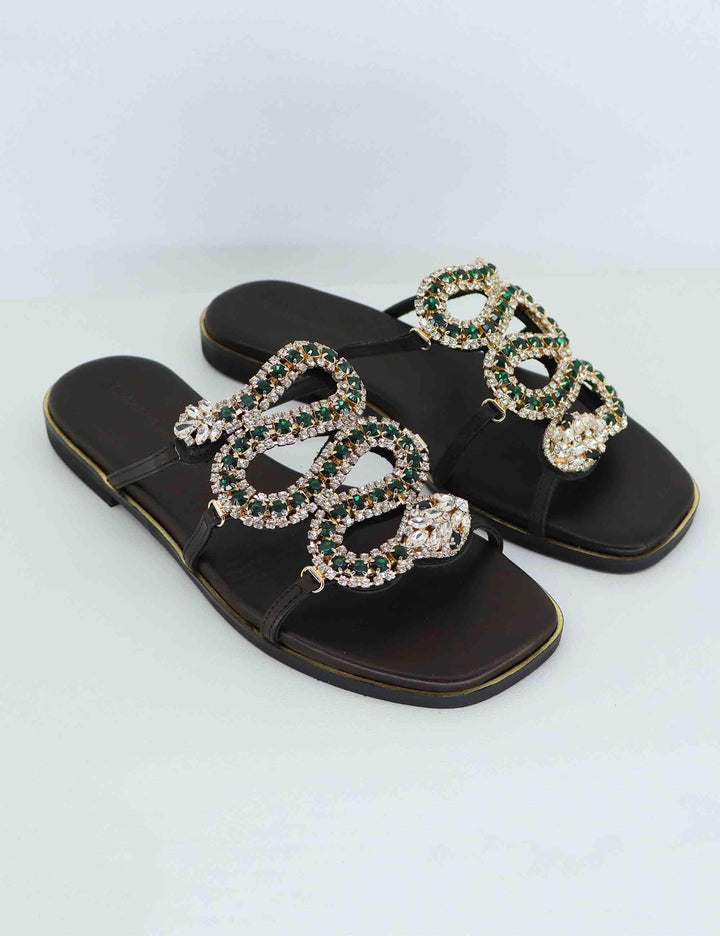 Sandali bassi donna in pelle nera con strass U41005431Z35 543 Tsakiris Mallas 