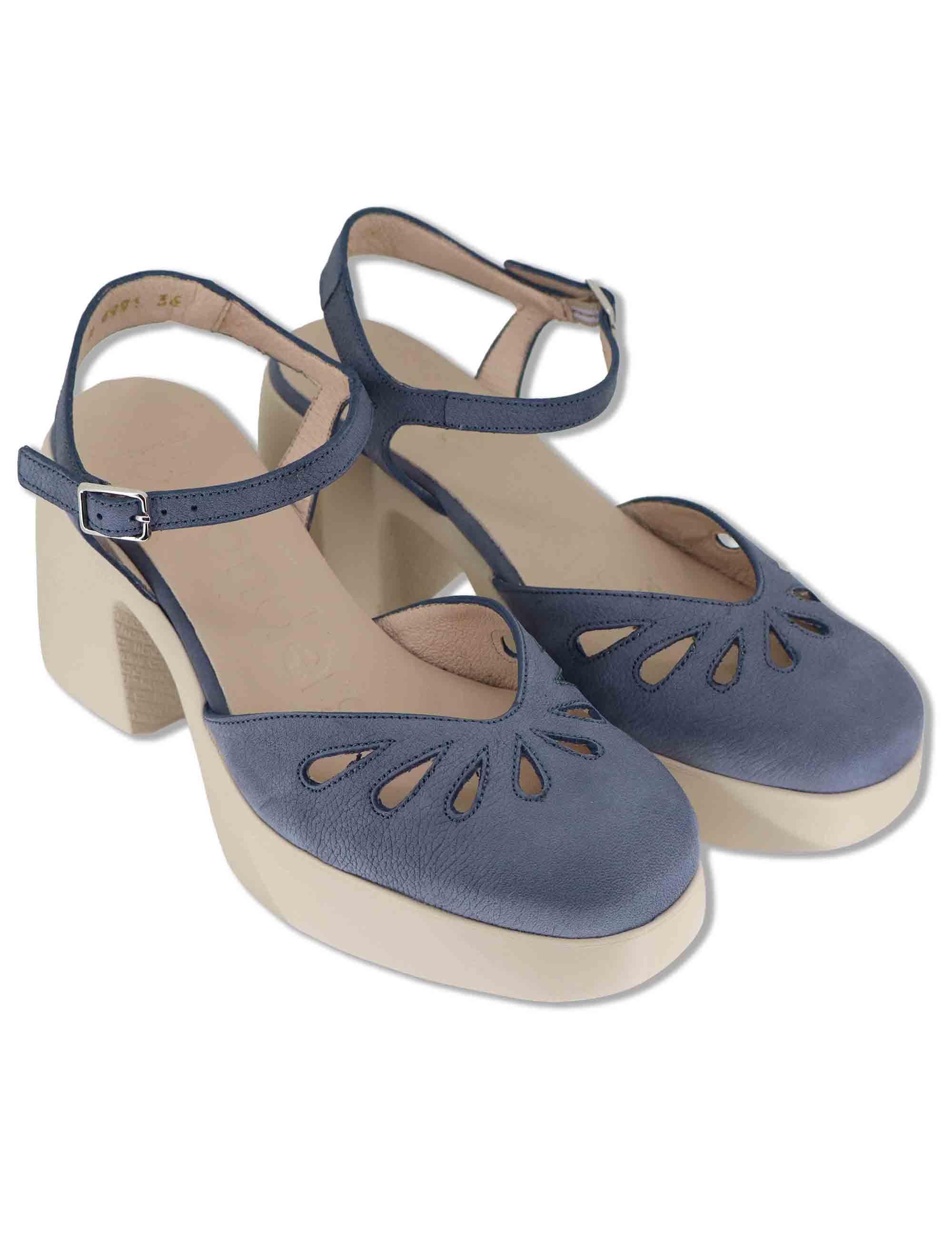 Sandali donna in pelle blu con cinturino alla caviglia e zeppa alta in gomma H-4991 002 Wonders 