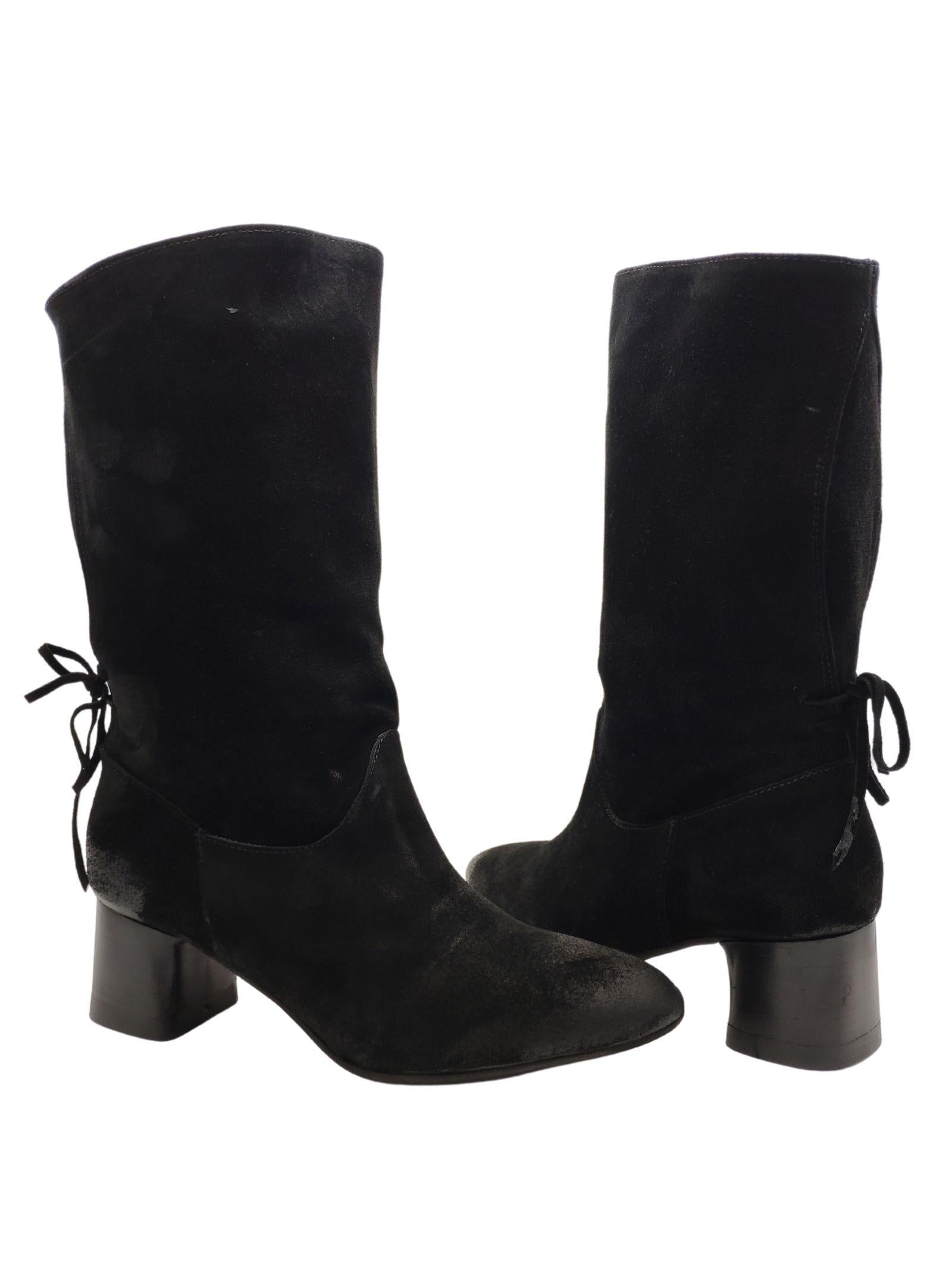 Calzature Donna Stivaletti In Pelle Scamosciata Nera Ingrassata Con Fiocco Posteriore e Tacco EB81 NERO Spatarella 