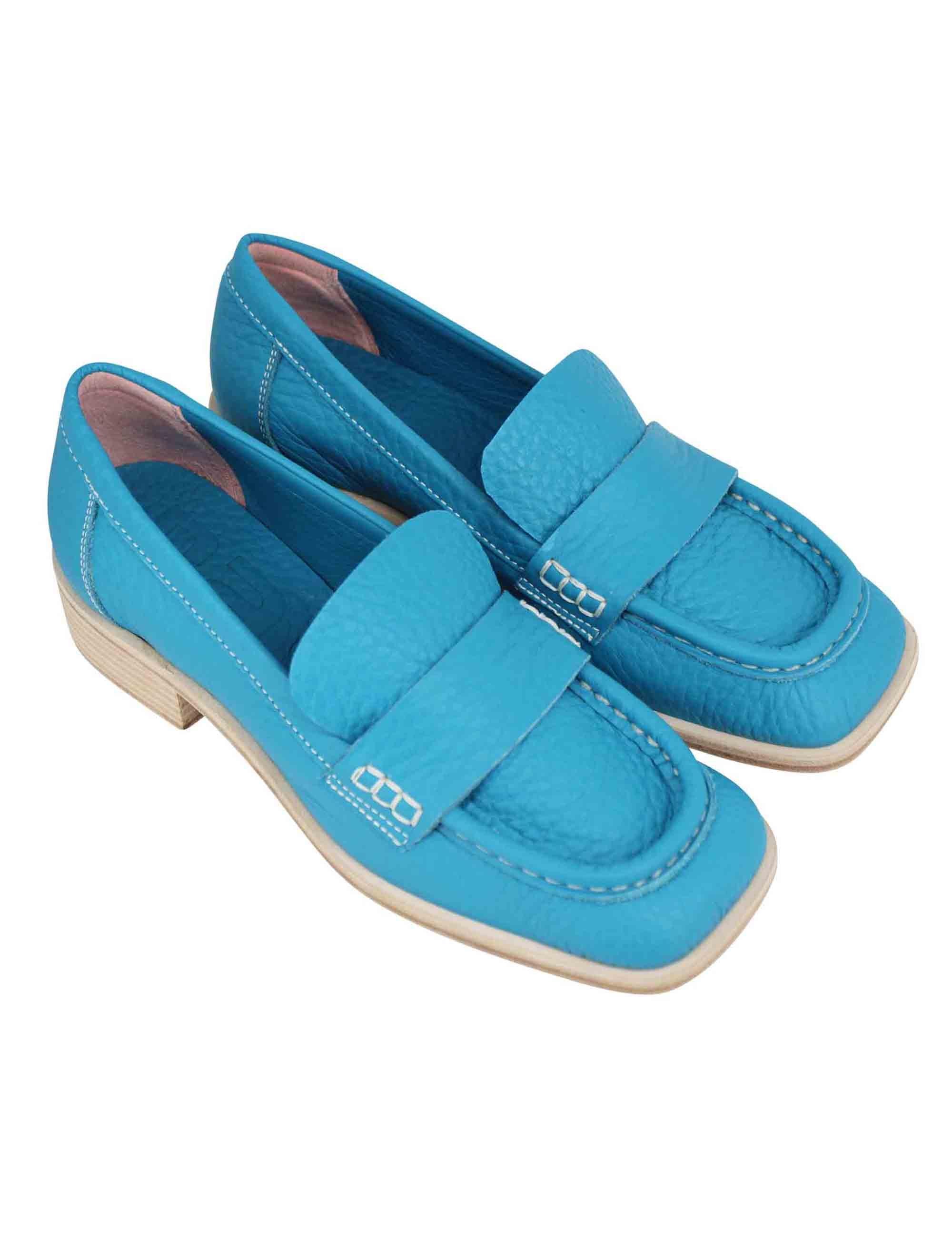 Mocassini donna in pelle celelste con vaschettone e suola in cuoio 7650 002 Ras 