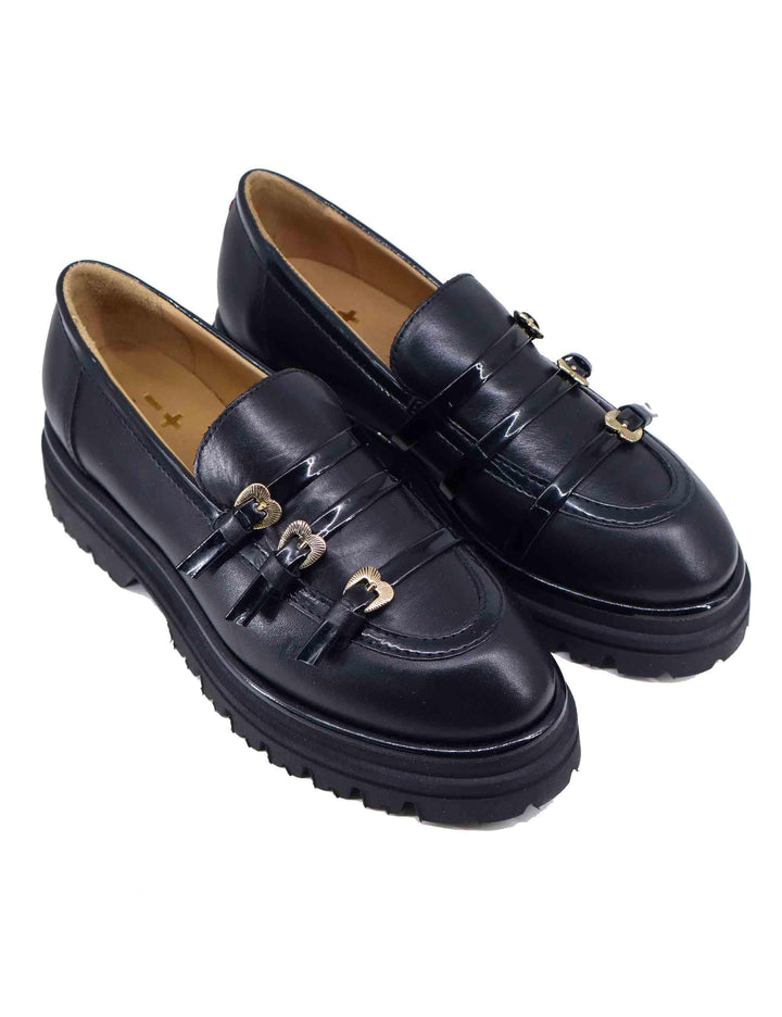 Mocassini donna in pelle nera con suola carrarmato MIA 1 001 Gio + 