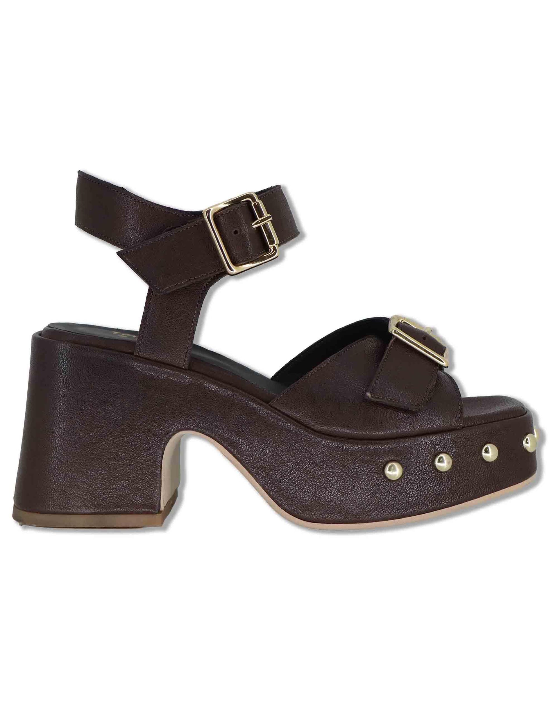 Sandali donna in pelle marrone con cinturino e zeppa alta con borchie e fibbie HILTON24100 014 Tattoo 