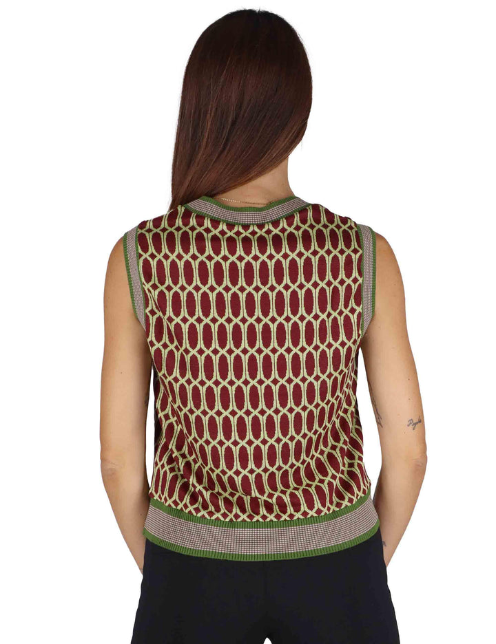 Gilet donna in tessuto naturale bordeaux a fantasia con scollo a V JABGI0025-F1161 4280 Justmine 
