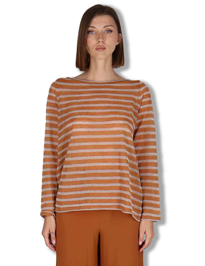 Maglie donna Summer Linen in misto lino cammello e beige a strisce JQ509178148 12B11 Maliparmi 