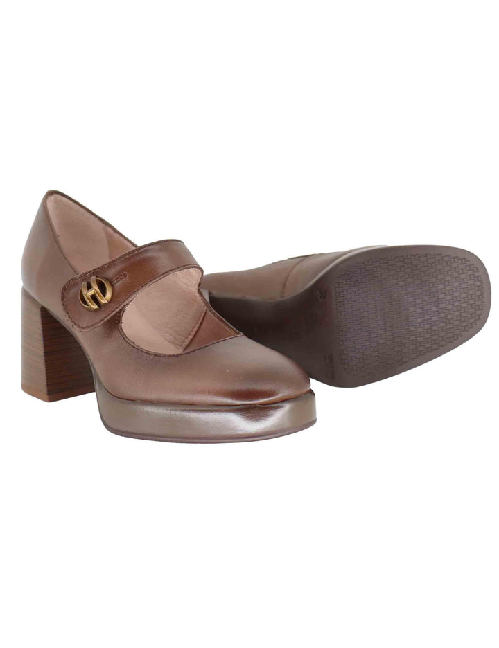 Decollete donna in pelle marrone con cinturino e tacco alto HI254305 C007 Hispanitas 