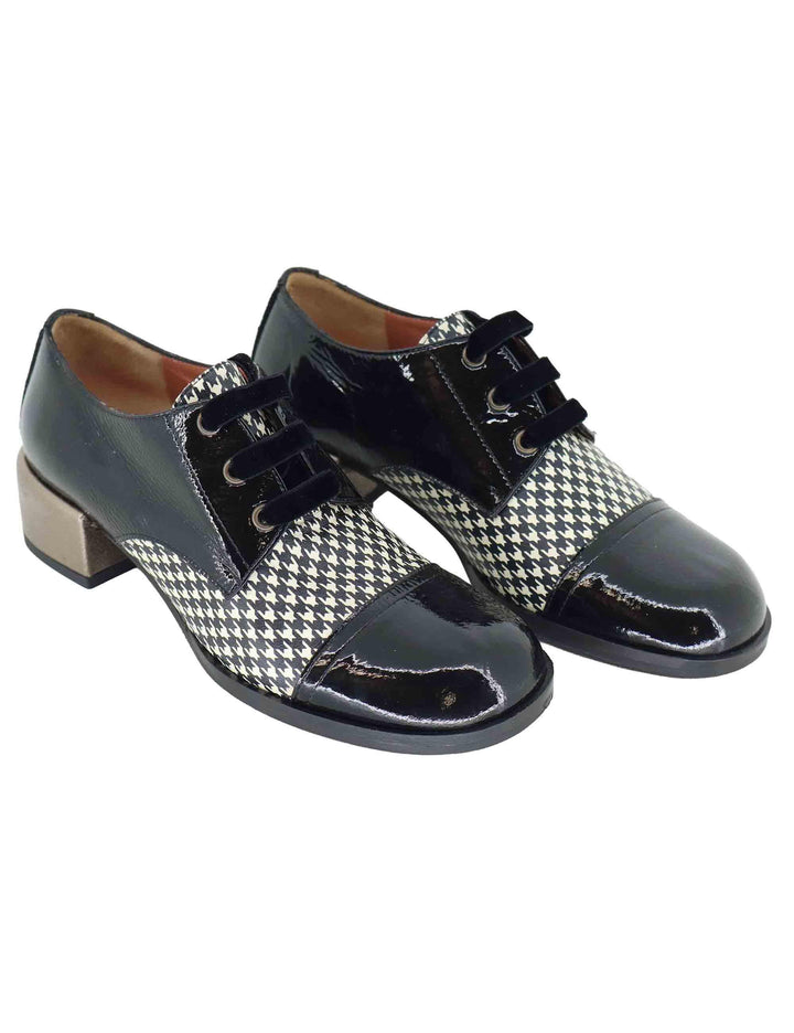 Stringate donna in pelle nera con tacco basso oro 9532GL 001 Les Venues 