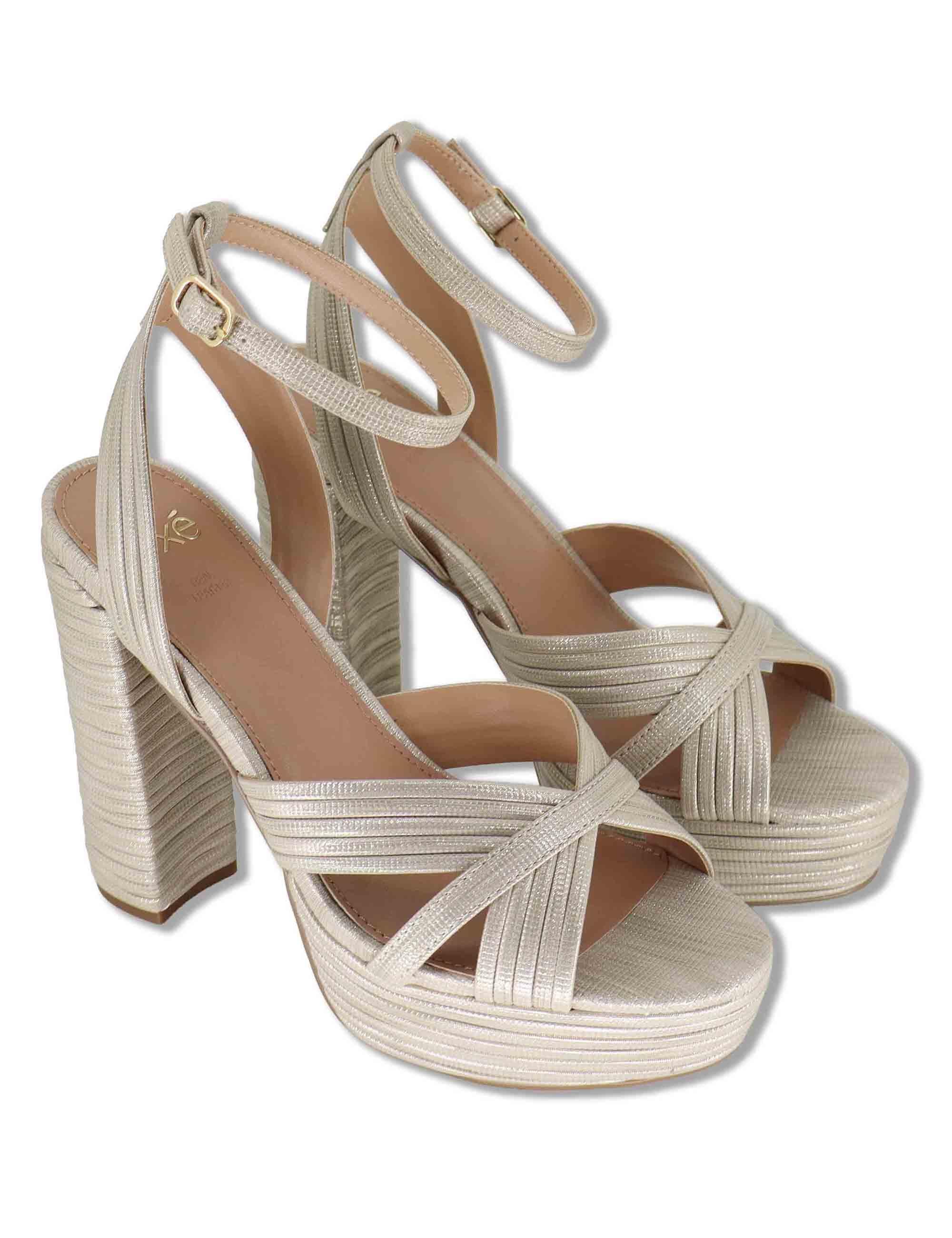 Sandali donna in rafia laminata beige con tacco alto plateau e cinturino W4700832 673Z Exe 