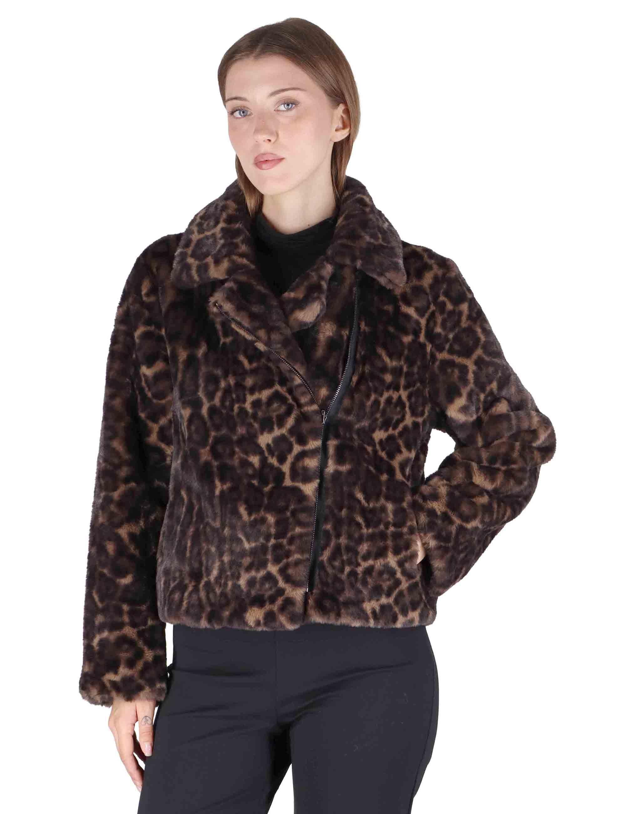 Bomber donna in eco fur animalier con zip effetto pelliccia SP25313 GREY LEOPARD Spatarella 